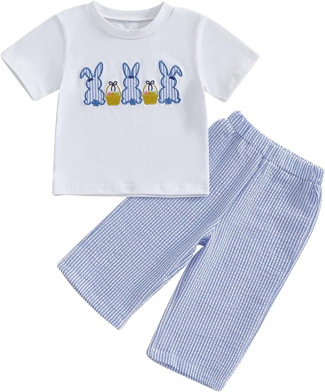 Toddler Baby Boy Easter Outfit Short Sleeve Rabbit Embroidery Tops Plaid/Striped Wide Leg Pants Infant Bunny Clothes