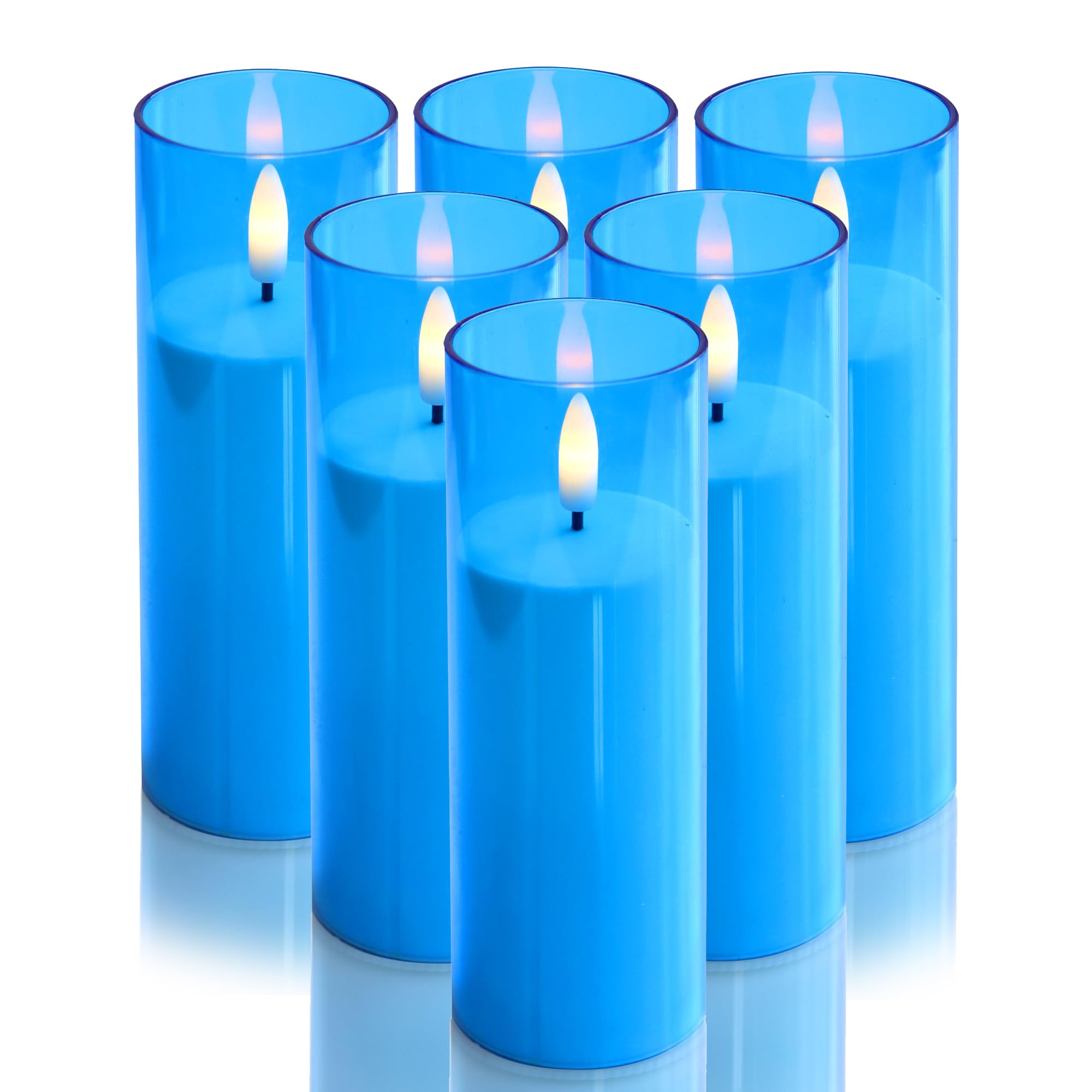 CANDLE CHOICE Indoor Outdoor Flameless Candles with Timer Waterproof Realistic Flickering Battery Operated Pillar LED Lights with Acrylic Shell Wedding Party Christmas Decorations 6 Pack 2”x6” Blue