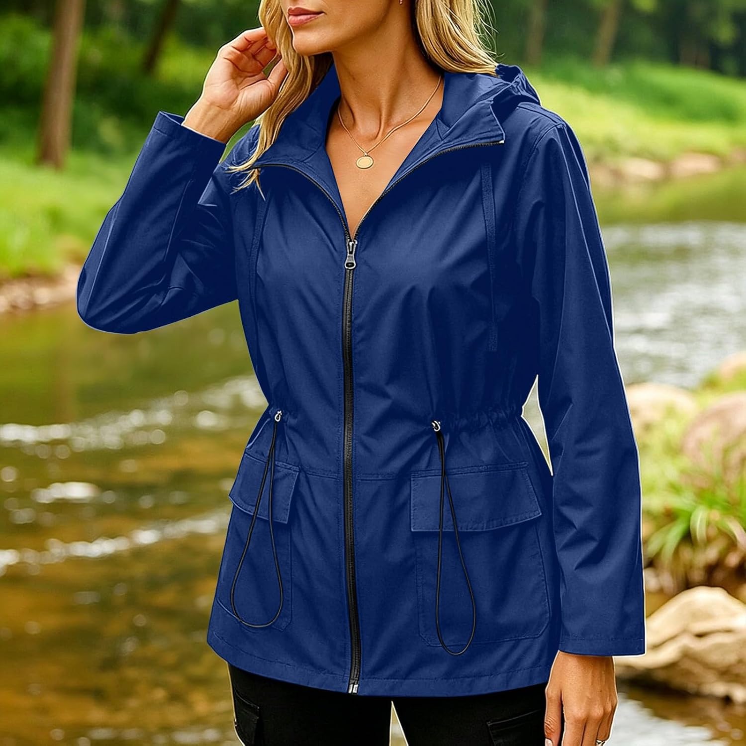 Lightweight Jacket for Women Casual Zip Up Anorak Utility Coat | Women's Waterproof Cargo Jacket with Drawstring Waist, Patch Pockets, Stand Collar, Long Sleeve for Fall Spring Travel Casual