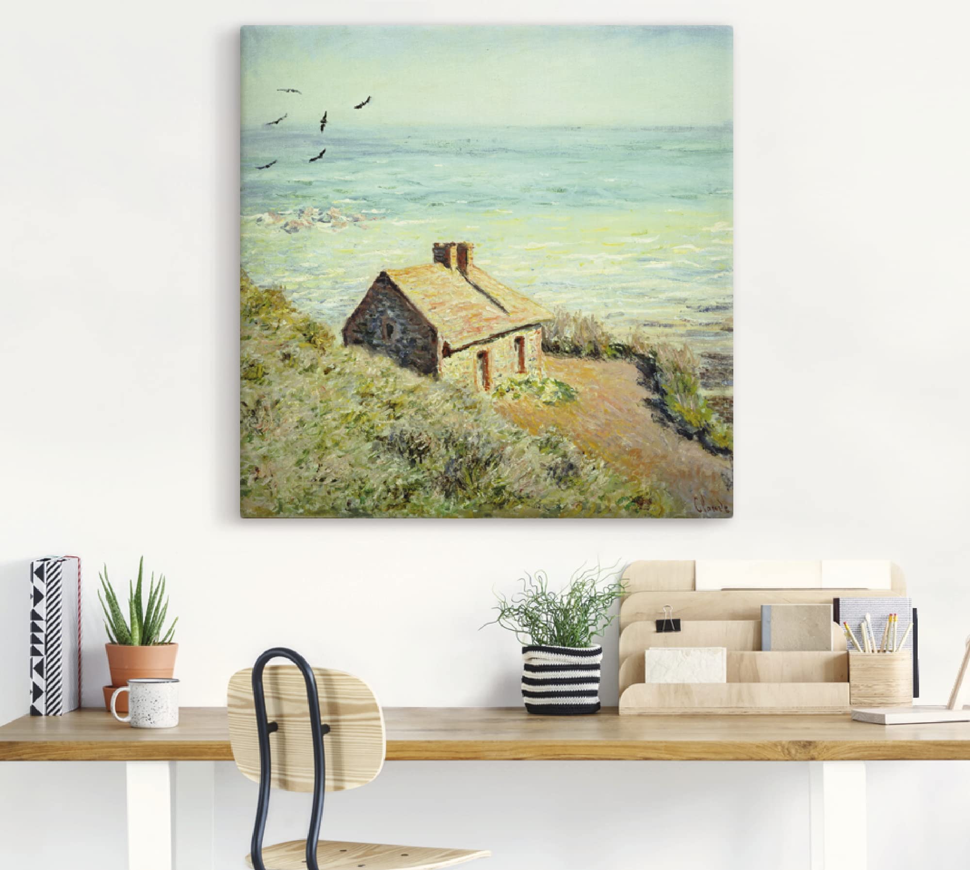 ARTLAND Wanddeko Leinwand Bilder Wandbild 50x50 cm Haus Landschaft Meer Strand Das Zollhäuschen im Morgenlicht 1882 Impressionismus Claude Monet T6UG