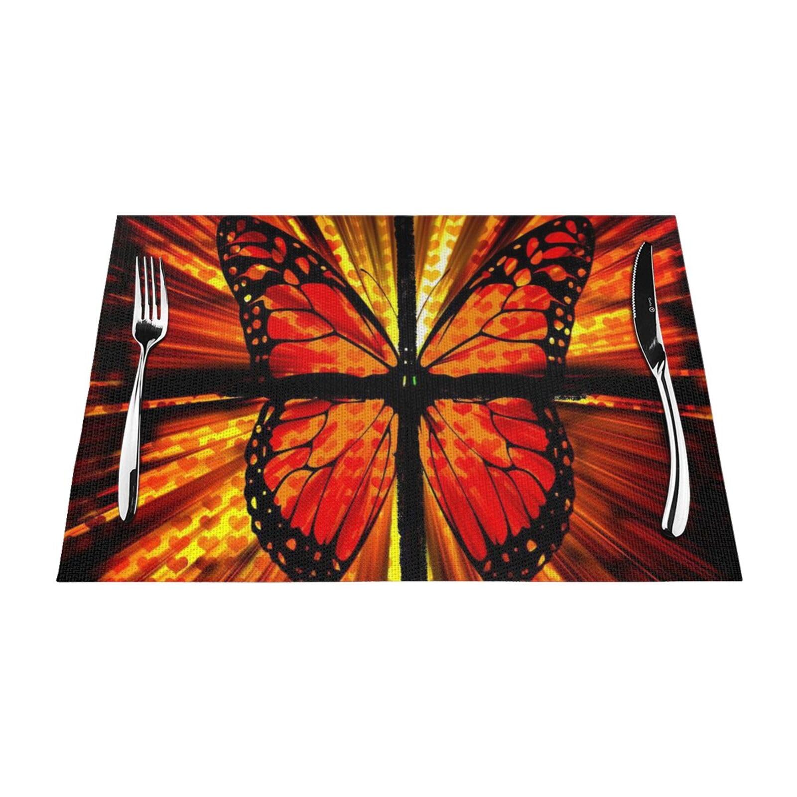 PVC Placemat Set of 1 PCS, 45x30 CM, Orange Butterfly Printed Non-Slip Heat Resistant Place Mats for Kitchen Dining Table Indoor Outdoor