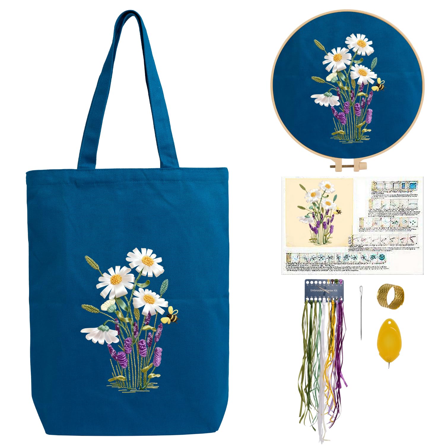 CREAWONDER Hand Embroidery Kits for Bag, Embroidery Kit Bag with Pattern for Beginners, Arts and DIY Embroidery Crafts Kits for Adults, Include Instructions, Embroidery Hoops, Color Threads and Tool — image 1
