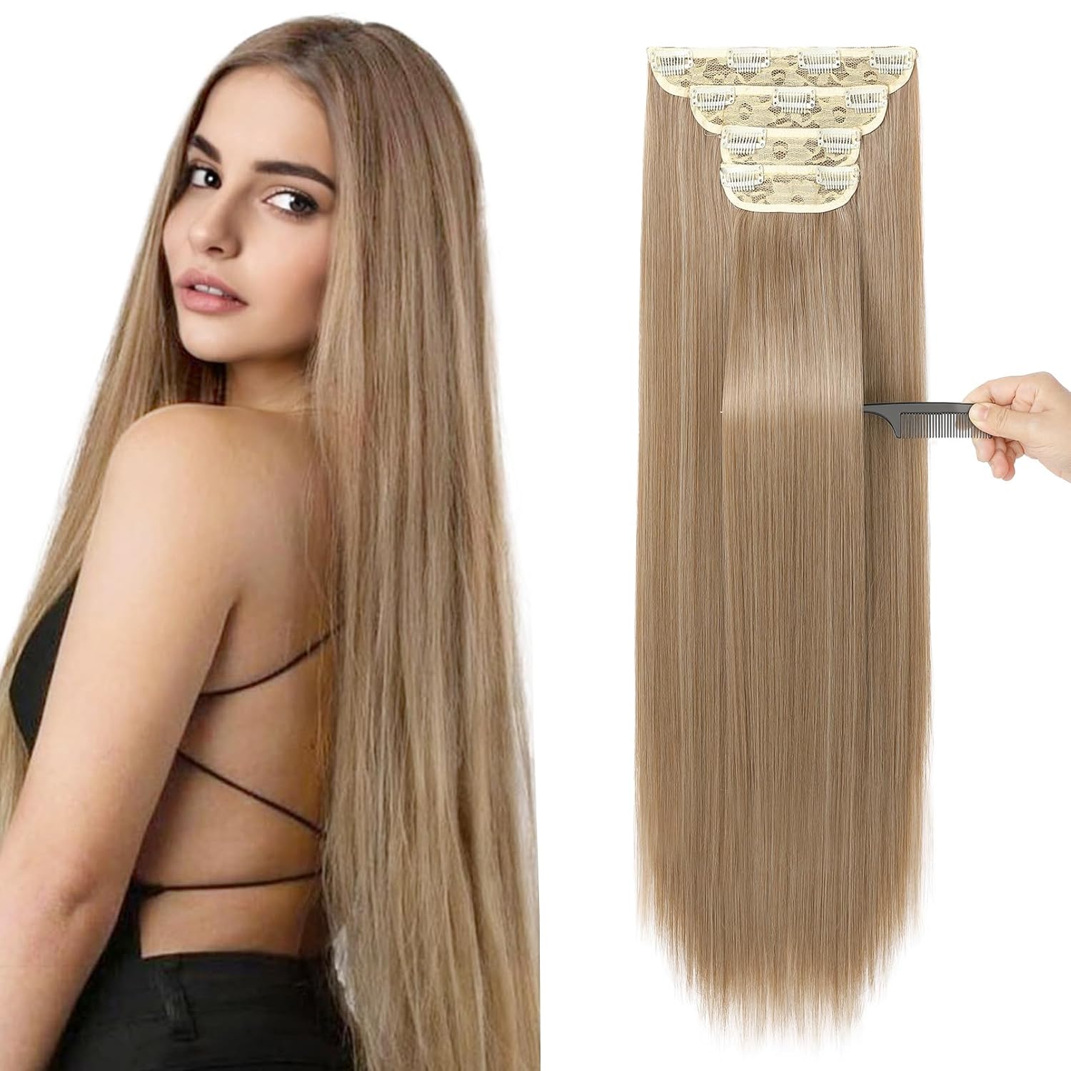 REECHO 28" Straight Super Long 4 PCS Set Thick Clip in on Hair Extensions Dark Blonde 28 Inch-320 Gram (Pack of 4) Dark Blonde