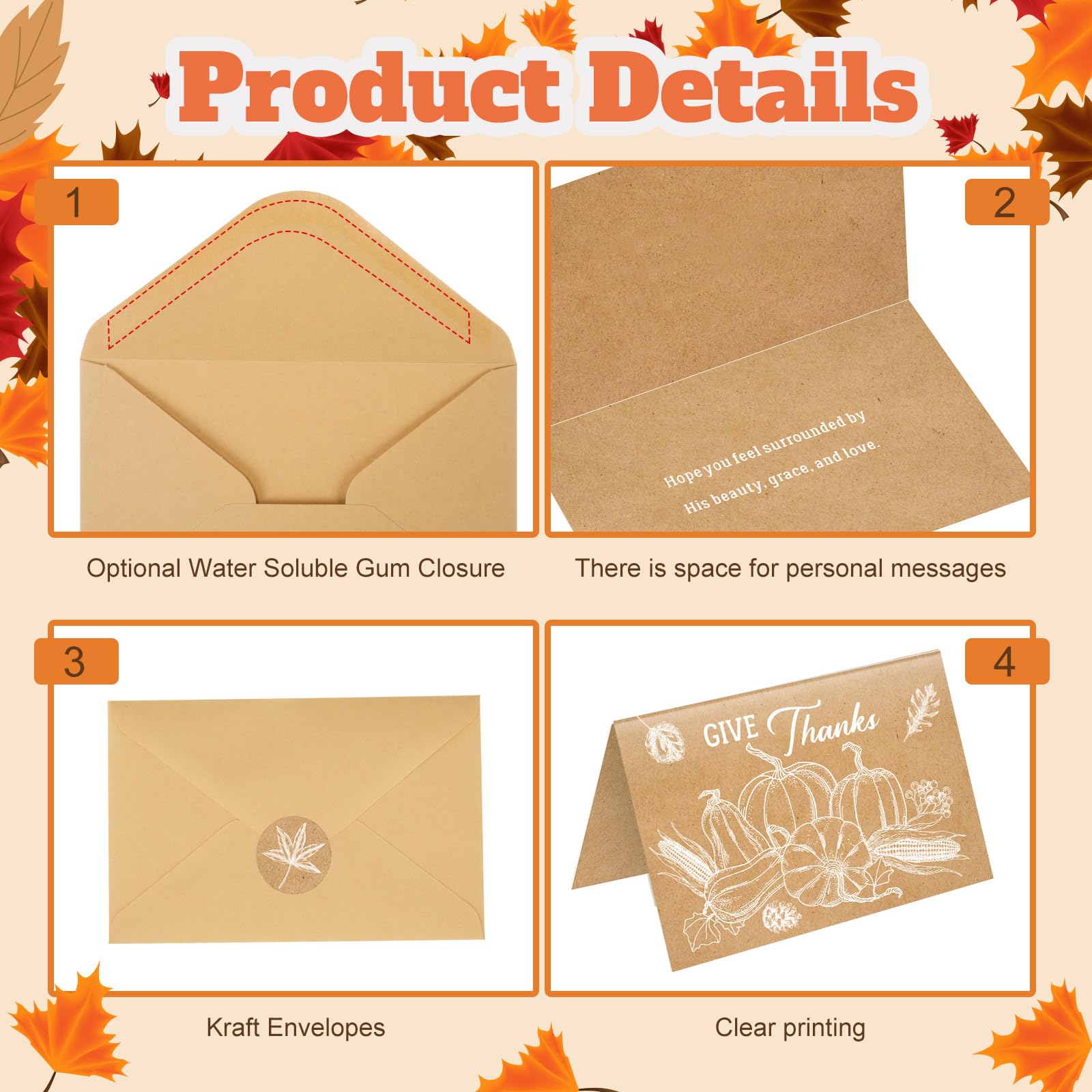 Set di 200 biglietti di auguri per il Ringraziamento, in carta kraft, con buste, adesivi, regali di ringraziamento per amicizia, feste, feste, 10 x 15 cm