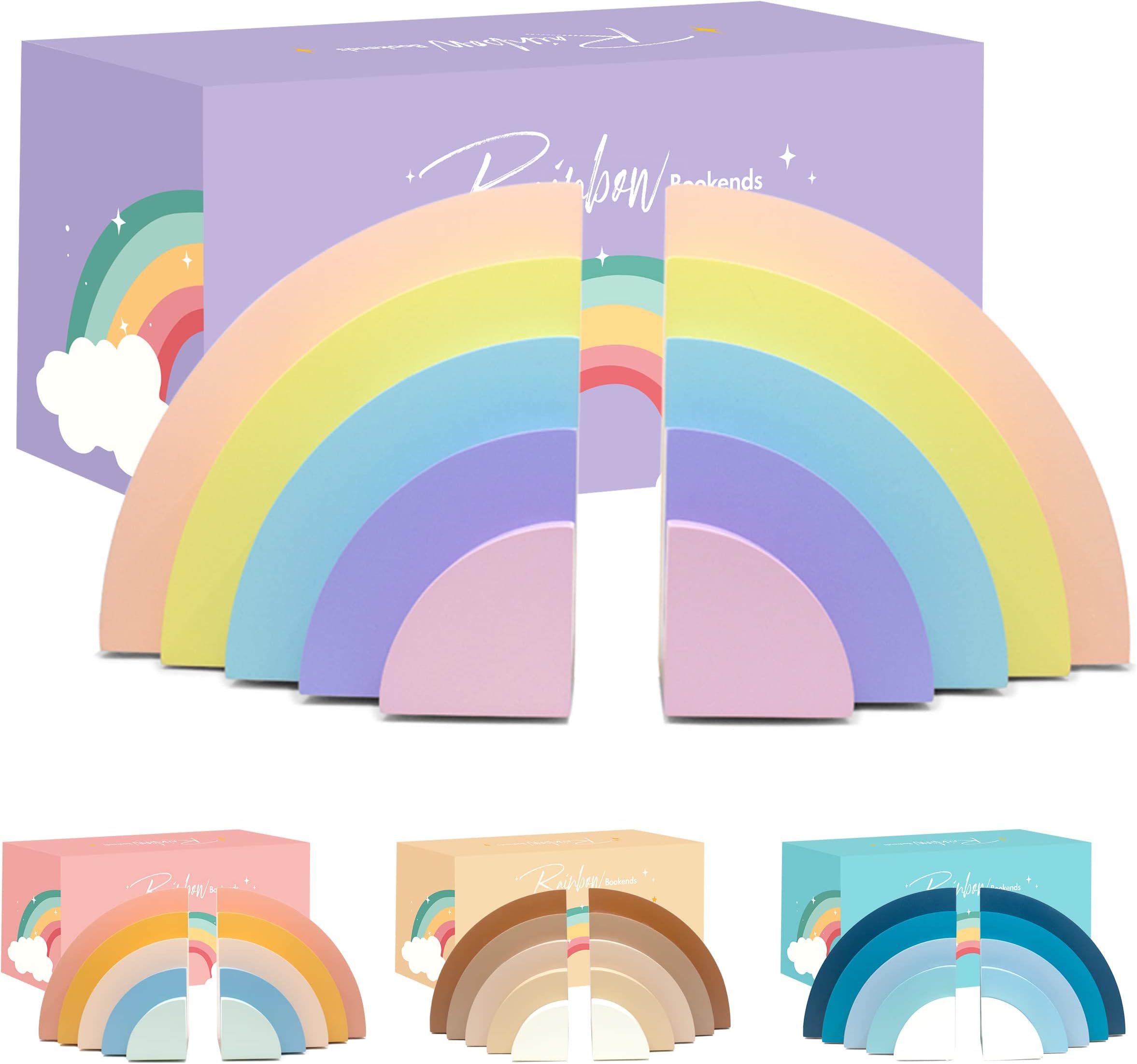 Decorably Pastel Rainbow Bookends for Kids - 1 Set Non-Skid Wooden Decorative for Girls and Boys Room, Baby's Nursery, Classroom Decor