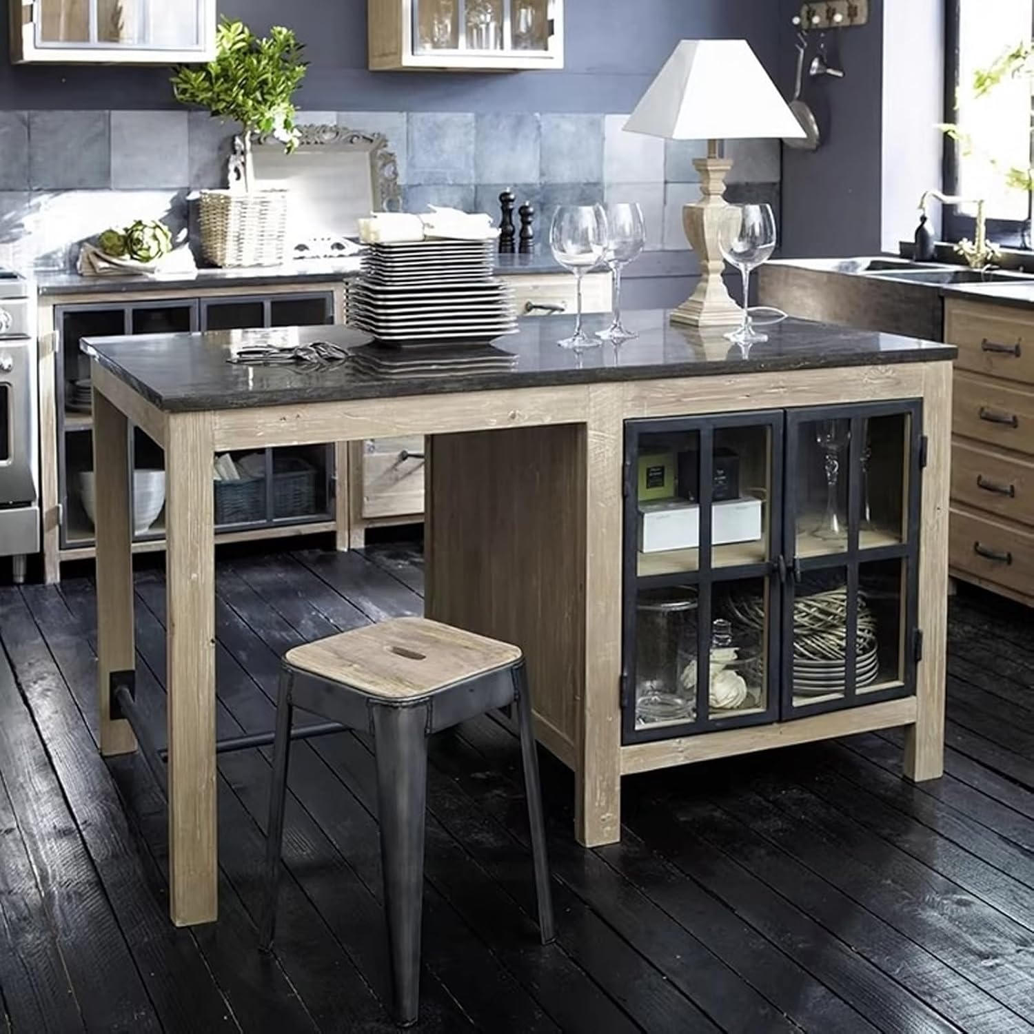 Storage Trolley Farmhouse Kitchen Island with Cabinet Stone Top Wood Frame Freestanding Prep Table Shelving Organizer(Large)