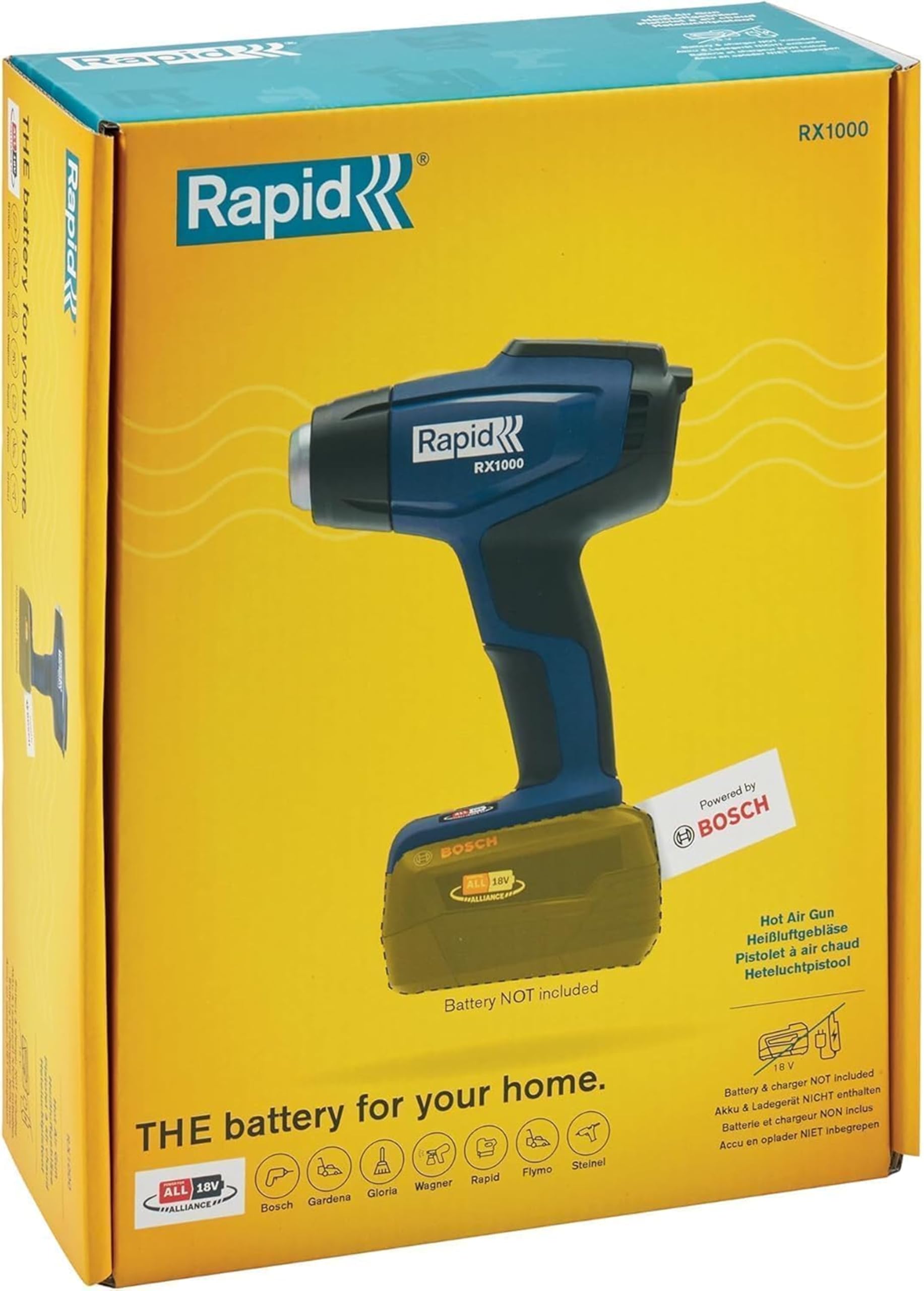 Rapid RX1000 Pistola de Aire Caliente con Sistema 18V Power for All, Calor Regulable hasta 550°C, Pantalla LCD, Calentamiento Rápido, 2 Flujos de Aire, Sin Batería
