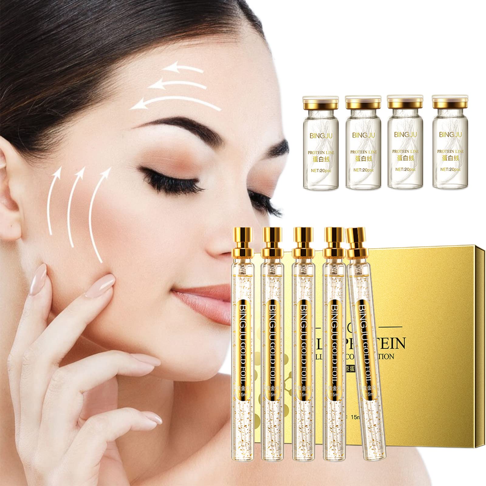 bandoo suero para la cara, hilos de colageno absorbibles para la cara, sérum facial antiarrugas (1 caja + 4 botes de hilo proteico)