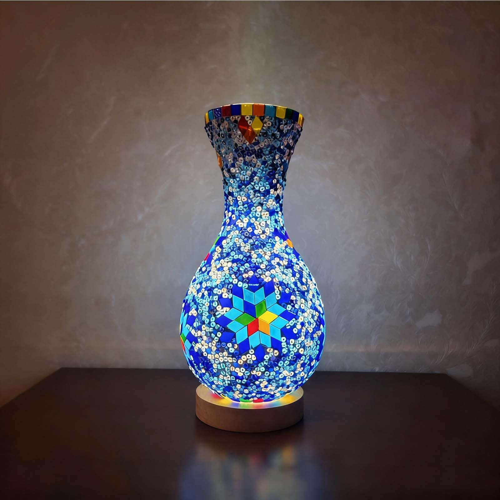 wpdash Turkish Moroccan Style Mosaic Table Lamp with Wood Base USB Power Can Hold Water for Flower Arrangement - Colorful Glass Vase Light for Living Room or Bedroom Decor（5.11in*11in）
