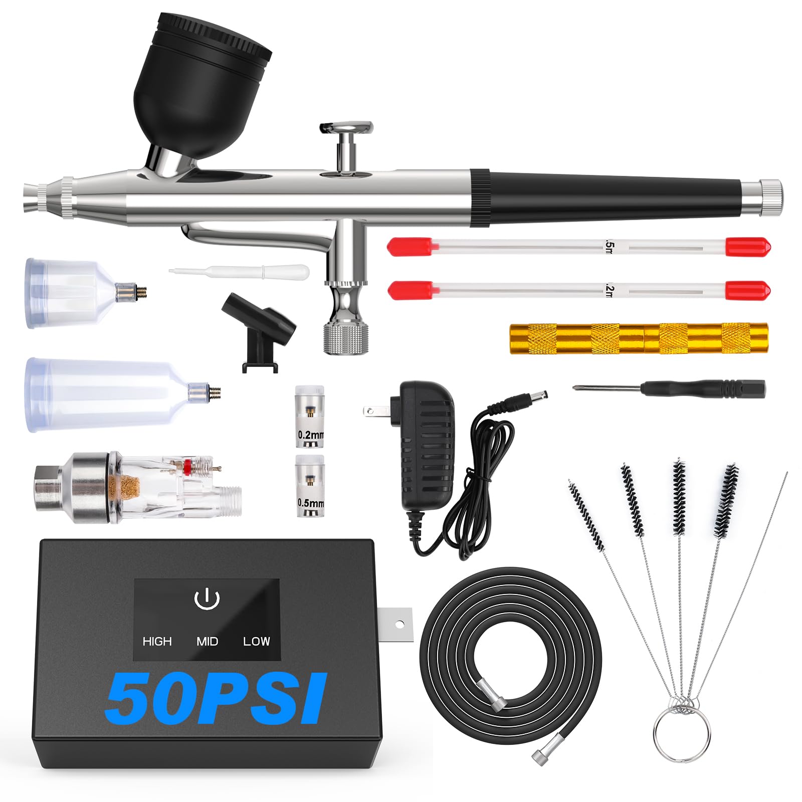 Aerografo per Modellismo 50PSI Aerografo Professionale Tre modalità Aerografo con Compressore Airbrush kit con Ugello da 0,2/0,3/0,5 mm e Set di Pulizia per Dolci, Pittura, Trucco, Unghie
