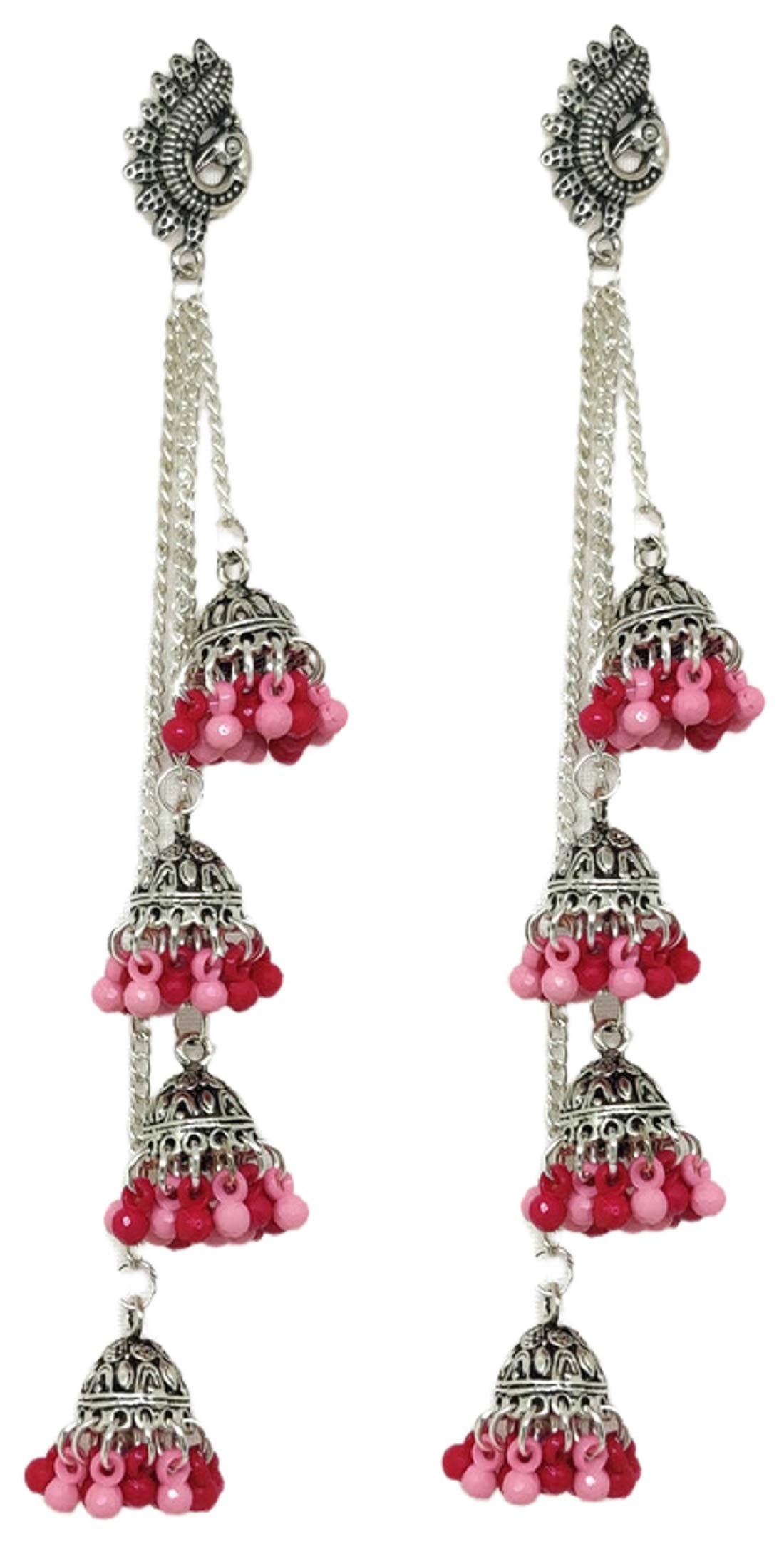 Weariton German Silver Oxidised Vintage Bohemian Fancy Stylish Afghani Long Chain Jhumki Ethnic Earrings For Women & Girls (Dark Pink) (B091TCPPCQ) Amazon Price History, Amazon Price Tracker