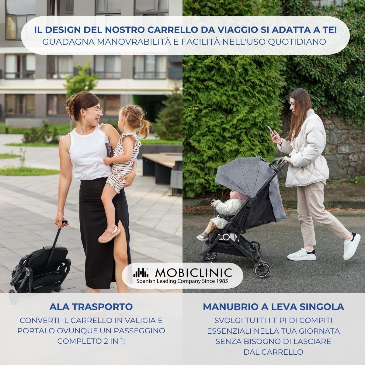Mobiclinic®, Passeggino Leggero, Ultra Compatto, Imbracatura a 5 Punti, Manubrio Monomaniglia, Carrello Pieghevole, Cestino, 0-36 Mesi, Regolabile, Cappottina Pieghevole, Freni con Blocco, Trip