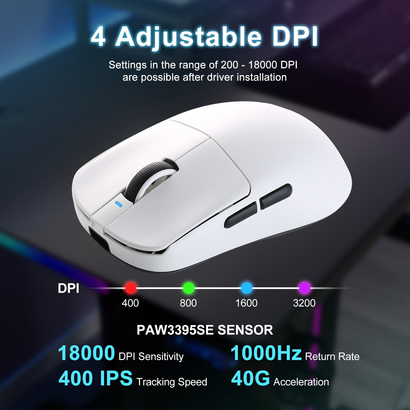 R1 SE+ Mouse da gioco wireless, 18000 DPI, sensore PAW3395SE ad alta precisione, leggero 55 g, tre modalità di connessione, mouse ergonomico programmabile, adatto per laptop/PC/Mac (bianco)