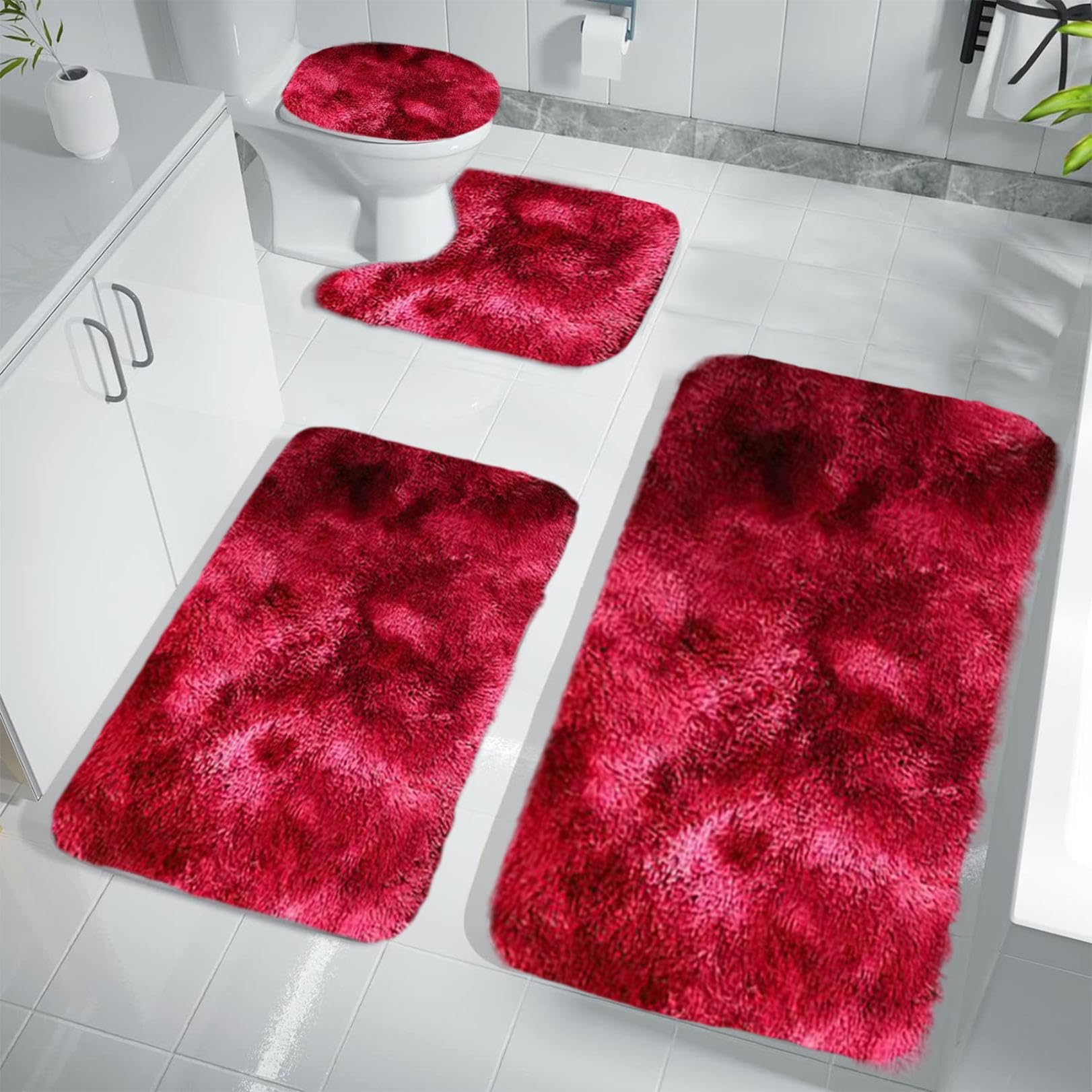 Bath Mat Set 4 Piece - Thick Bathroom Rug Soft Bath Mat For Bathroom Non Slip Machine Washable Toilet Carpet Microfiber Absorbent Bath Rug For Bath Room, Shower, Bathtub (X-Red4PCS)