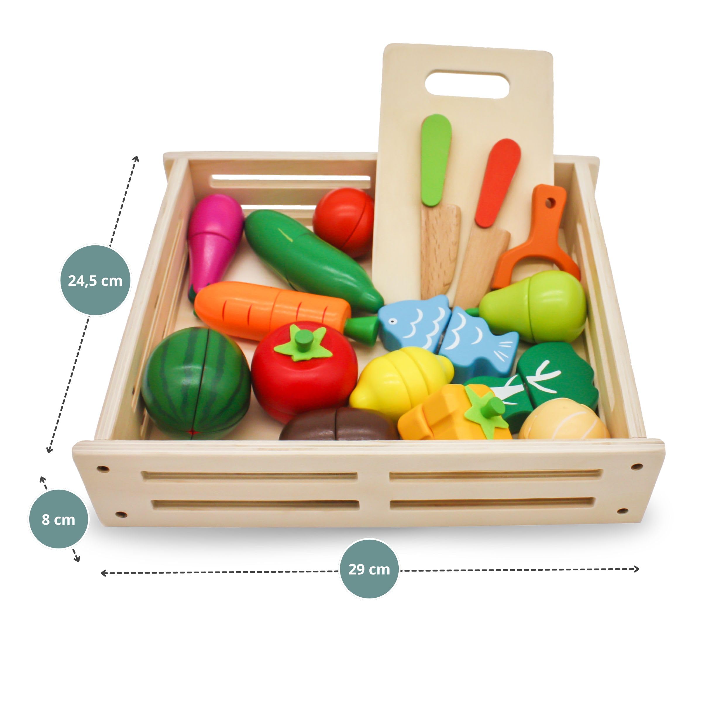 Mamabrum Frutas y Verduras Juguete - Set de Comida Madera con 17 Elementos Magnéticos - Comida de Juguete para Cocinita Infantil con Tabla, Cuchillos y Caja Almacenamiento - 3+ Años