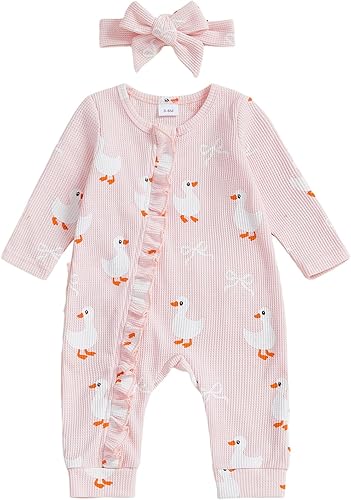 Yuemengxuan Newborn Baby Girl Fall Waffle Romper Bow Goose Print Long Sleeve Zip Up Jumpsuit with Headband Infant Outfit(Pink,0-3 Months)