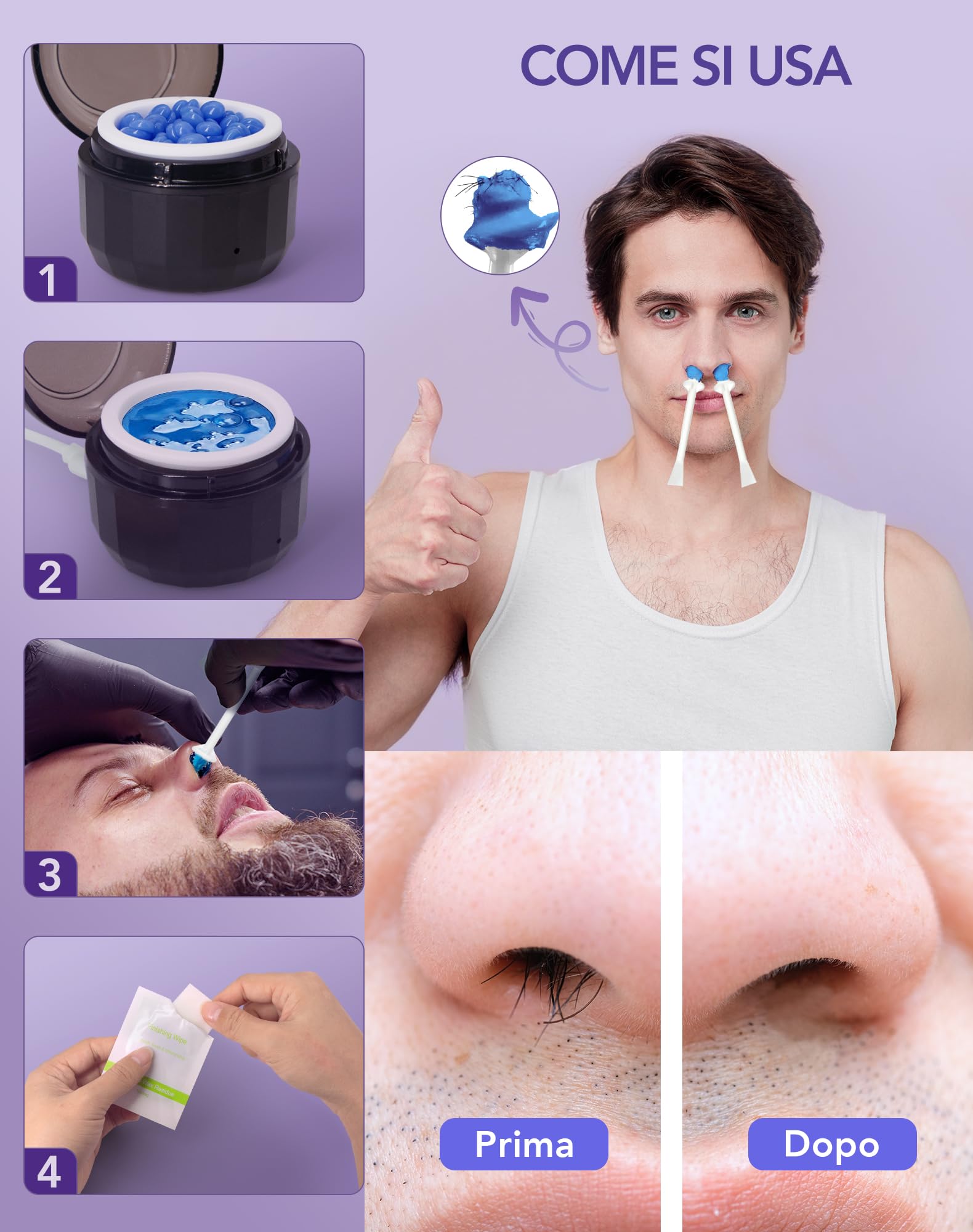 mini Cera per peli del naso, Nose Wax Kit per Uomini e Donne, Epilatore portatile per peli del naso Set per ceretta con mini macchina per ceretta, Riscaldamento rapido USB