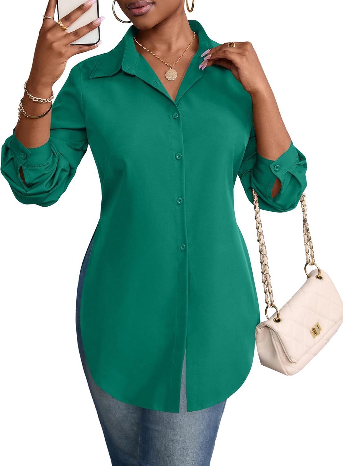 Rooscier Women's Collar V Neck Long Sleeve Slit Side Button Down Long Shirt Blouse Top - Image 2