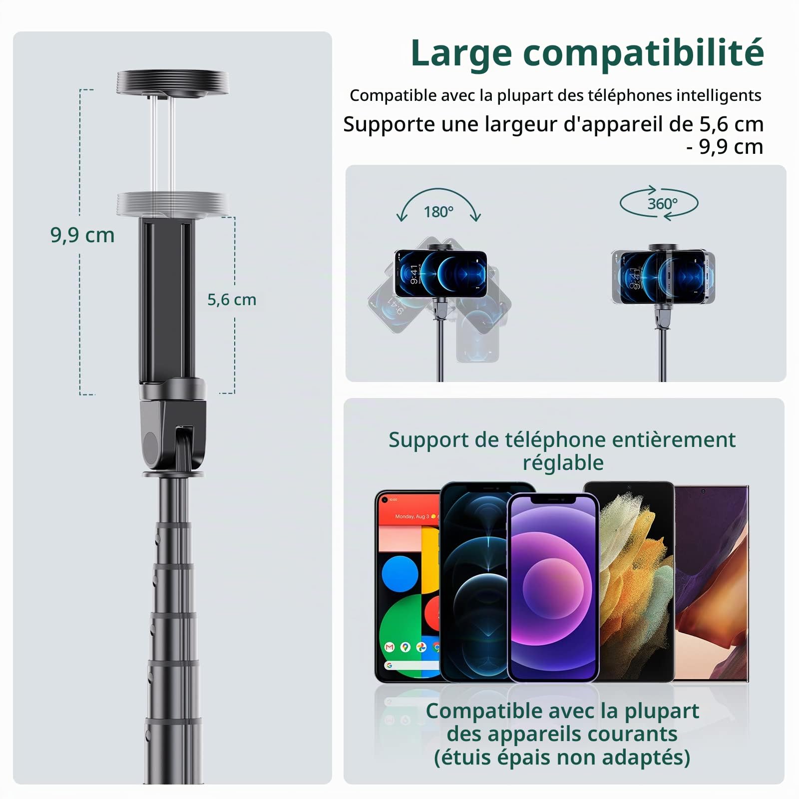 ATUMTEK 165cm Perche Selfie, Perche à Selfie avec Télécommande Bluetooth Amovible, Trepied Smartphone Extensible pour iPhone et Android, Enregistrement Vidéo, Blogage, Streaming en Direct, Noir
