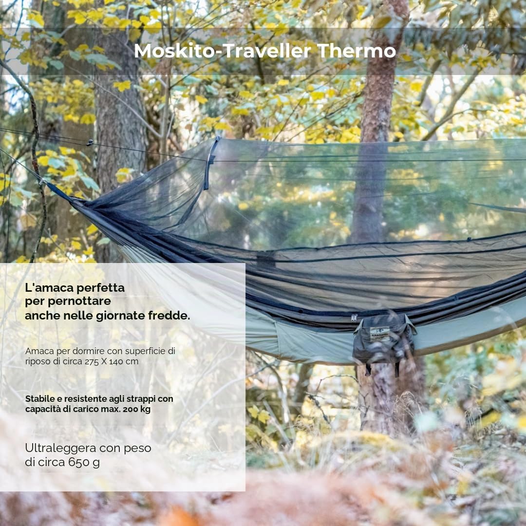 AMAZONAS - Amaca Ultra-Leggera Moskito-Traveller Thermo | Amaca ultraleggera con zanzariera. Amaca con scomparto per materassino isolante | Portata fino a 200 kg; Dimensioni 2,75 m x 1,40 m
