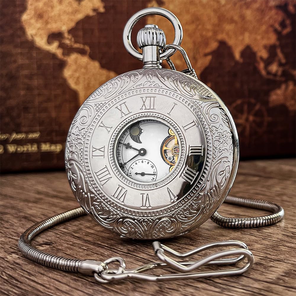 VIGOROSO Mechanische Taschenuhr mit Handaufzug für Herren, halbe Jäger-Doppelabdeckungen