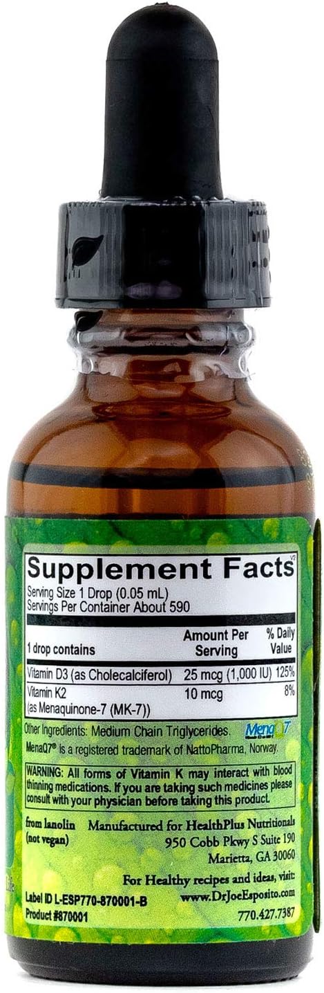Dr. Joe's Mega Liquid D3 with K2-1000 IU per Drop - Vitamin D3 25mcg, Vitamin K2 10mcg