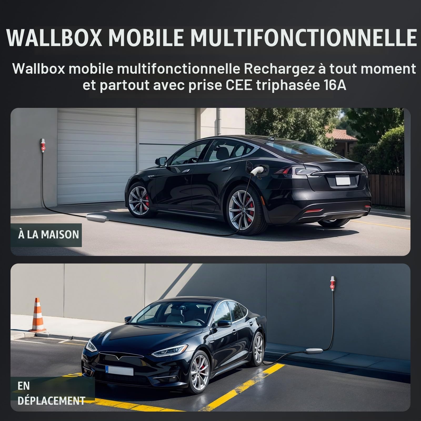Teskee Chargeur EV Type 2 Portable EV Cars Home Station de Recharge Wallbox pour Tous Les véhicules électriques et Voitures Hybrides Rechargeables Max 11kW 16Amp 6 mètres Prise CEE triphasée