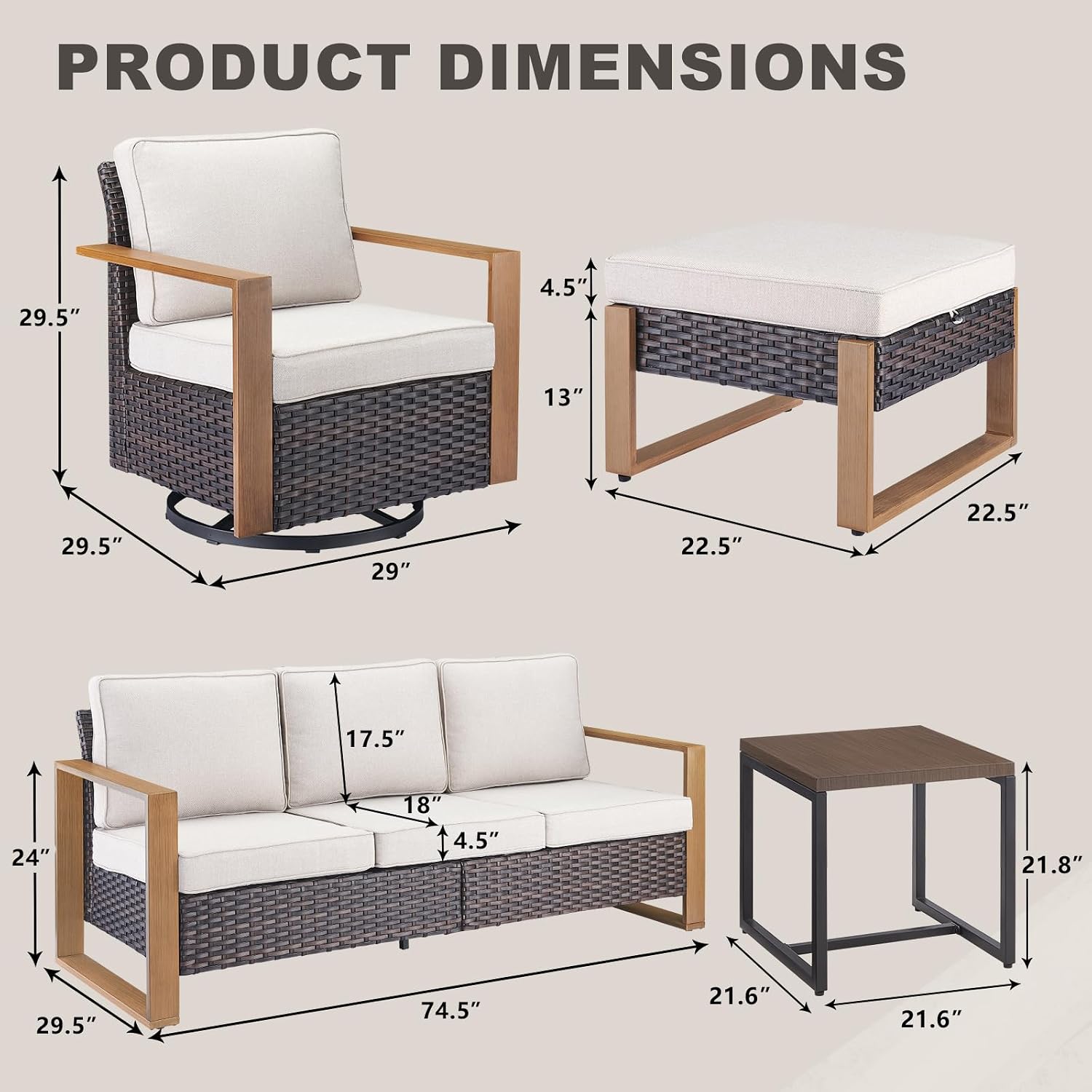Diagram showing dimensions of a swivel chair, ottoman, sofa, and side table.