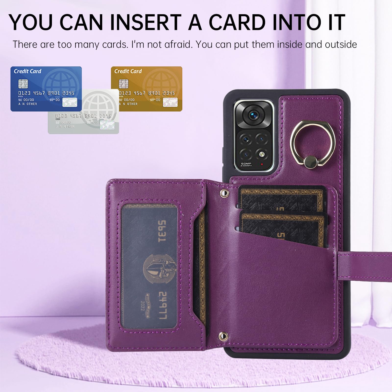 Phone Case For Xiaomi Redmi Note 11 Pro 4G/5G Wallet Cover with Crossbody Shoulder Strap and Leather Credit Card Holder 360°Rotation Ring Kickstand Cell Accessories Redme Note11 11E 11Pro Wine Red - Image 4