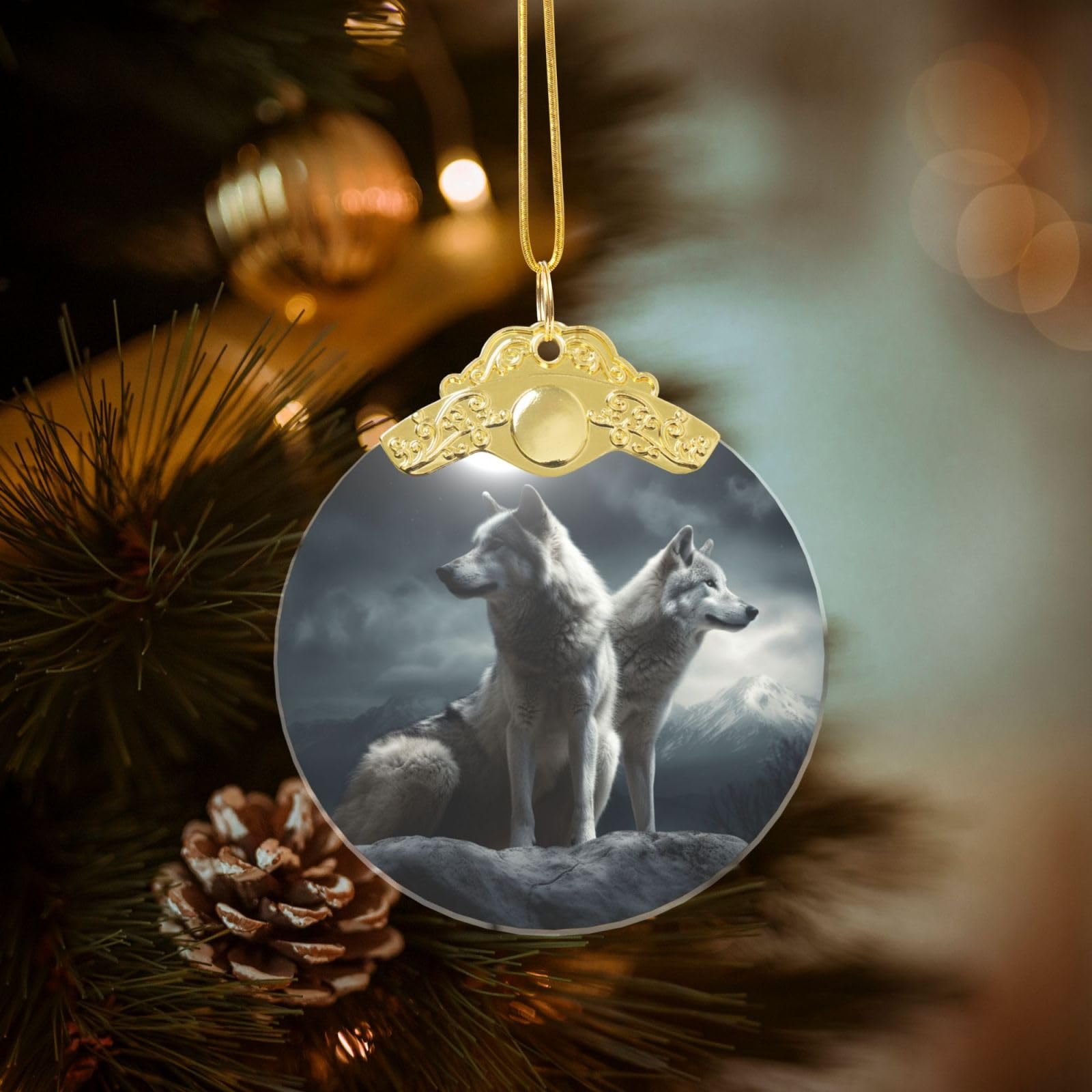 Crystal Christmas Ornaments for Christmas Tree Decoration Hanging Wolf at Night Ornament with Gold Ribbon Crafts Round Pendant for Keepsake Gifts Glass Xmas Decor Party Supplies