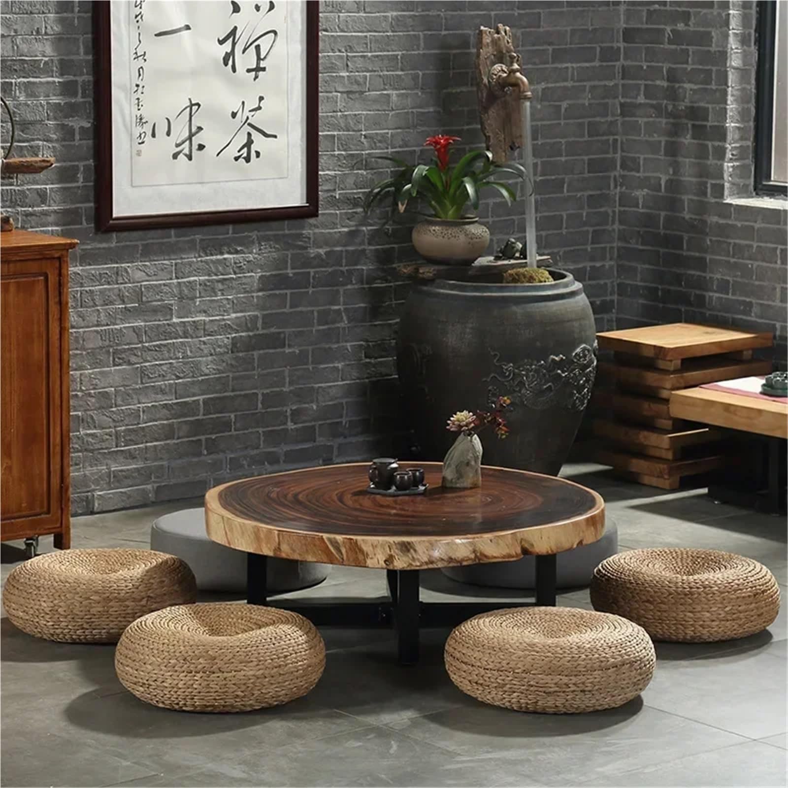 Cojín de meditación Tatami-cojín redondo de ratán for Yoga y meditación, cojín futón grueso tejido paja for salón té, decoraciones for el hogar