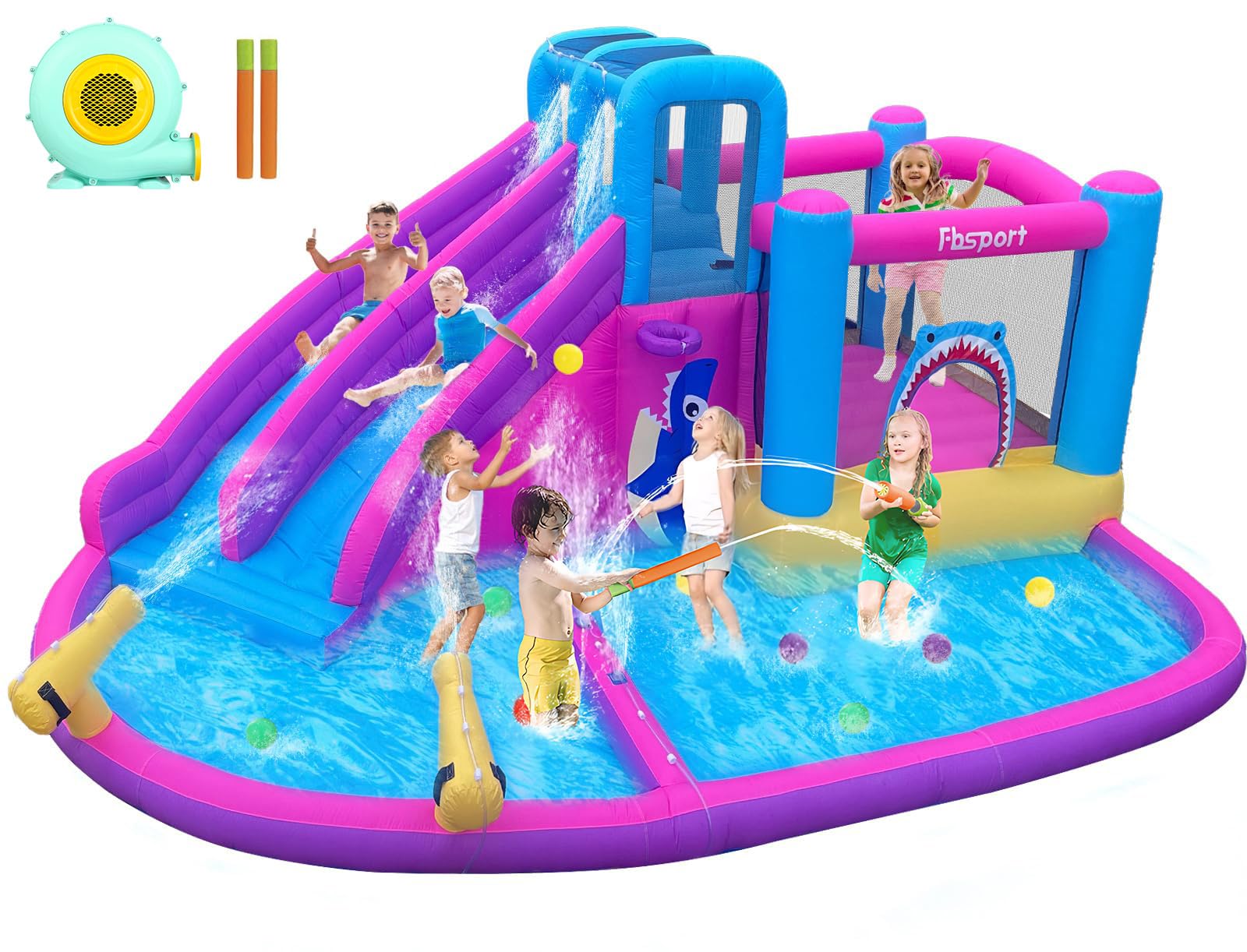 Photo 1 of FBSPORT Inflatable Bounce House Double Slide,Water Slide Park Bounce House with Ball Pit,Water Cannon, Climbing Wall, Kids Bouncy Castle with 550W Air Blower for Backyard, Outdoor, Indoor