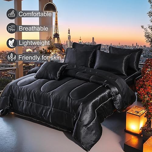 Miniatura 2 de Juego de edredón sedoso negro de satén tamaño King en una bolsa, 8 piezas de ropa de cama sedosa de hotel de lujo con 1 edredón, 1 sábana encimera,