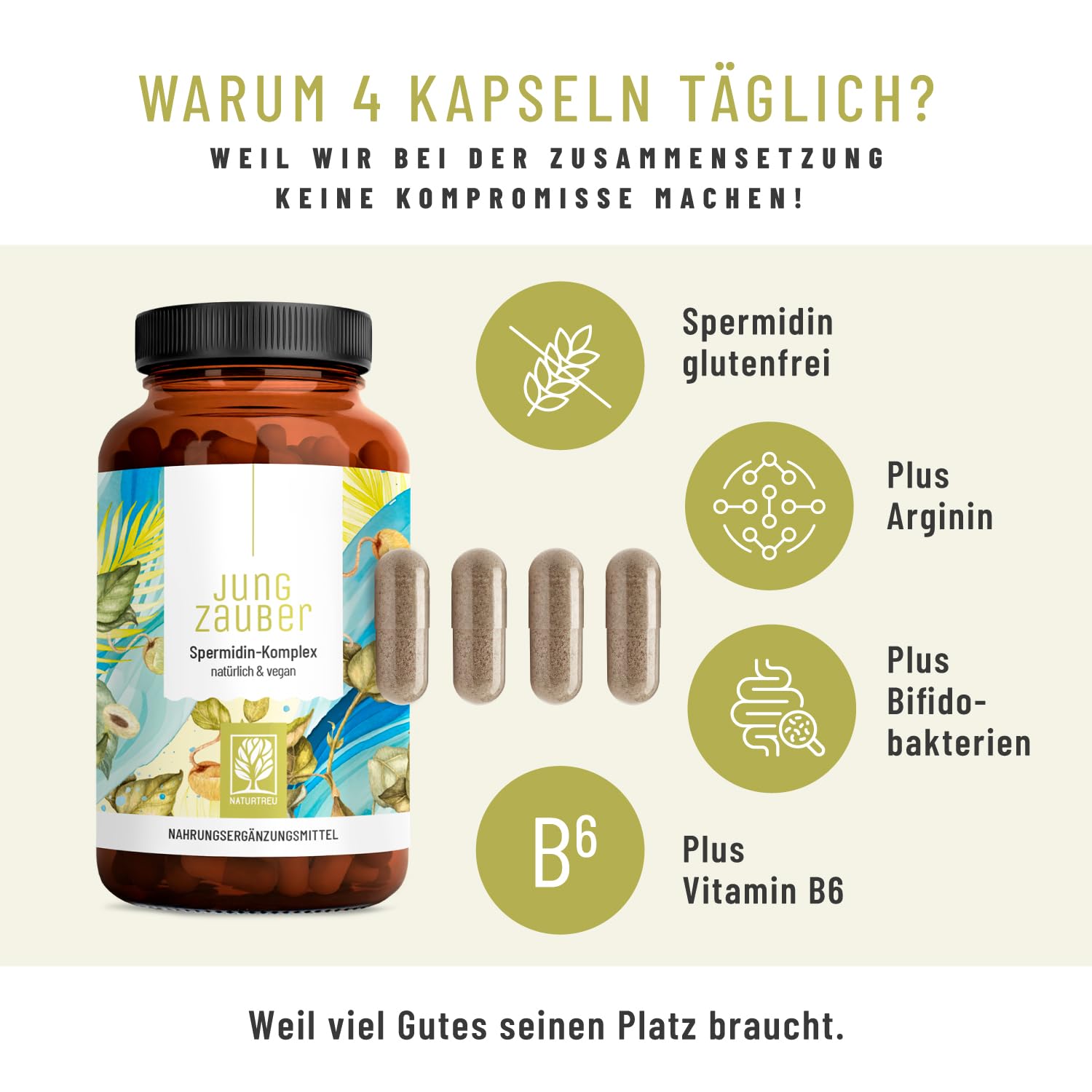 NATURTREU® Spermidin Kapseln hochdosiert mit hochwertigen Spermidin, L-Arginin, Bifidobakterien & Vitamin B6 - vegan - 120 magensaftresistente Kapseln - in Deutschland produziert & laborgeprüft