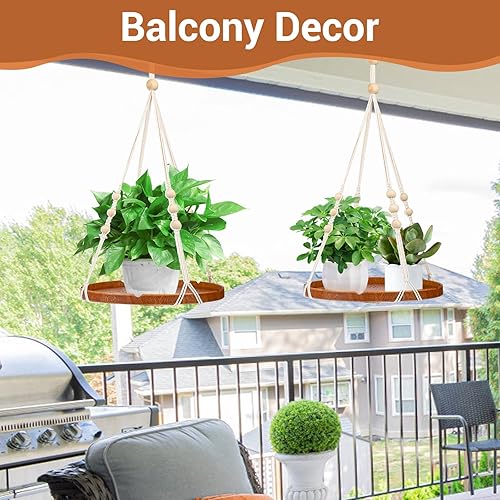 Miniatura 7 de Paquete de 2 macetas colgantes, estante colgante para plantas con cuentas de madera y bandeja de madera para interiores y exteriores, decoración