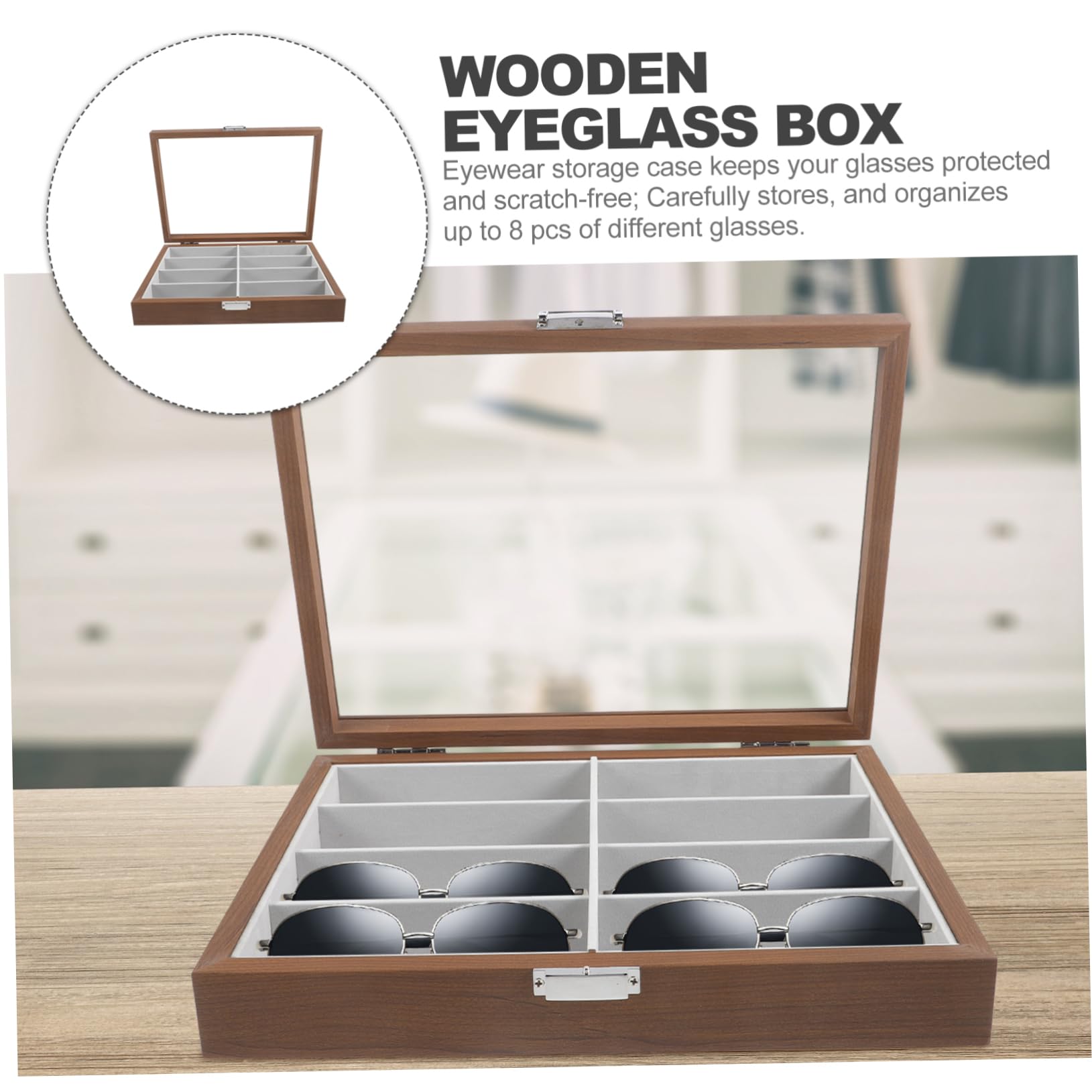 STOBAZA Sonnenbrillen-aufbewahrungsbehälter Brillenbox Aus Holz Mit Vitrine Brillen-organizer Mit 8 Fächern Kratzfrei Vielseitig Einsetzbar Dekoration Für Zuhause Und Geschäft