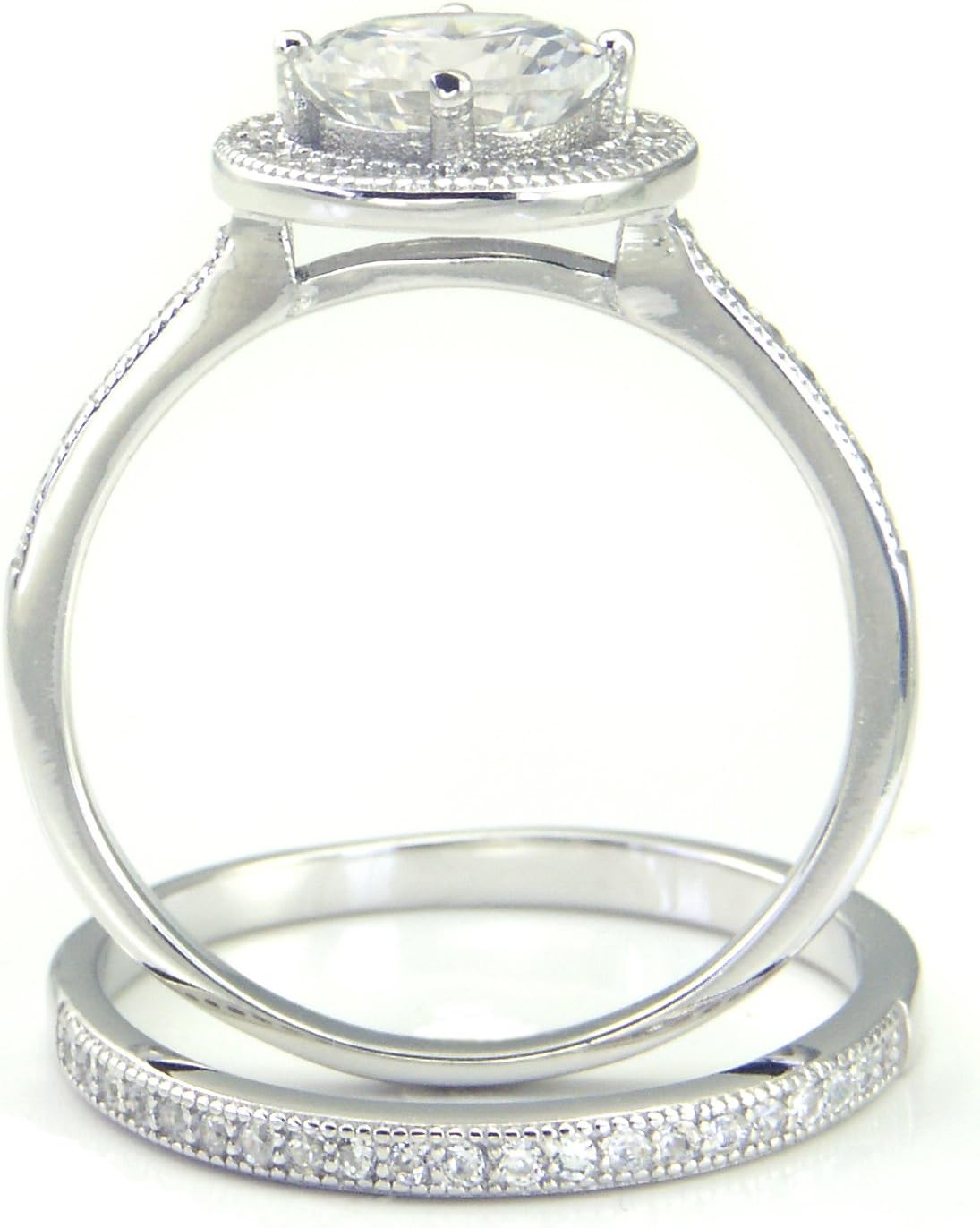 Metal Factory Sterling Silver Cubic Zirconia Halo 3.3 Carat tw Round Brilliant Cut CZ Wedding Engagement Ring Set