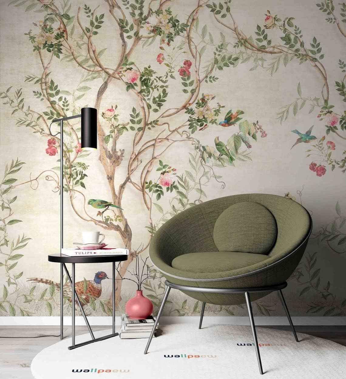Chinoiserie Wallpaper Flowers Birds Cream Background - Removable Paper - Peel and Stick Wallpaper - 100" H x 150" W