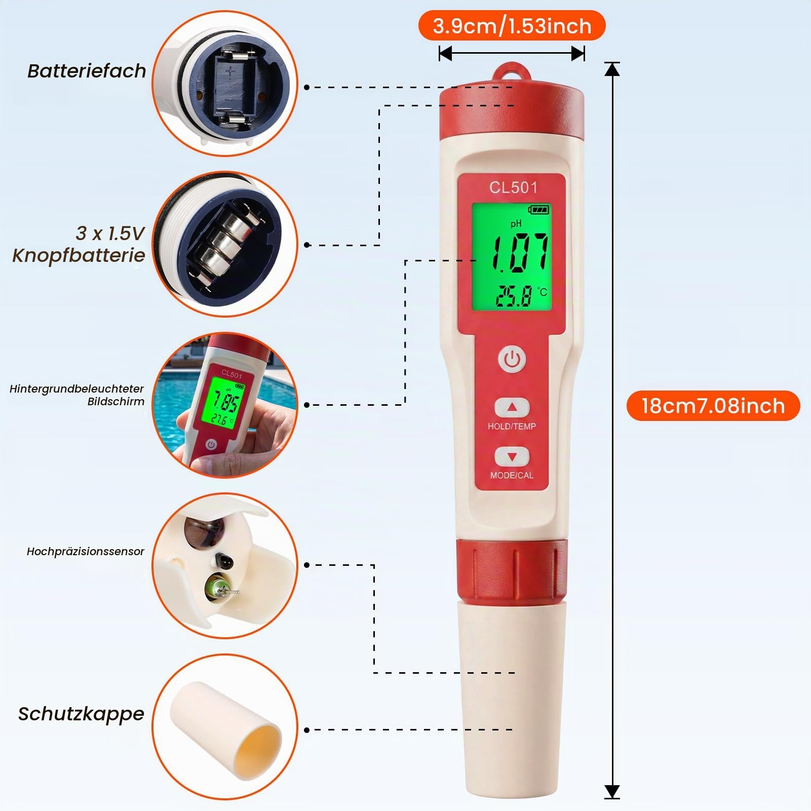 PH Chlormessgerät Pool Digitales Wasserqualität Tester, 5 in 1 PH/Chlor/ORP/H₂/Temp Messgerät mit pH Teststreifen und LCD-Display, für Trinkwasser Spa Aquarium Hidroponik Hydrokultur