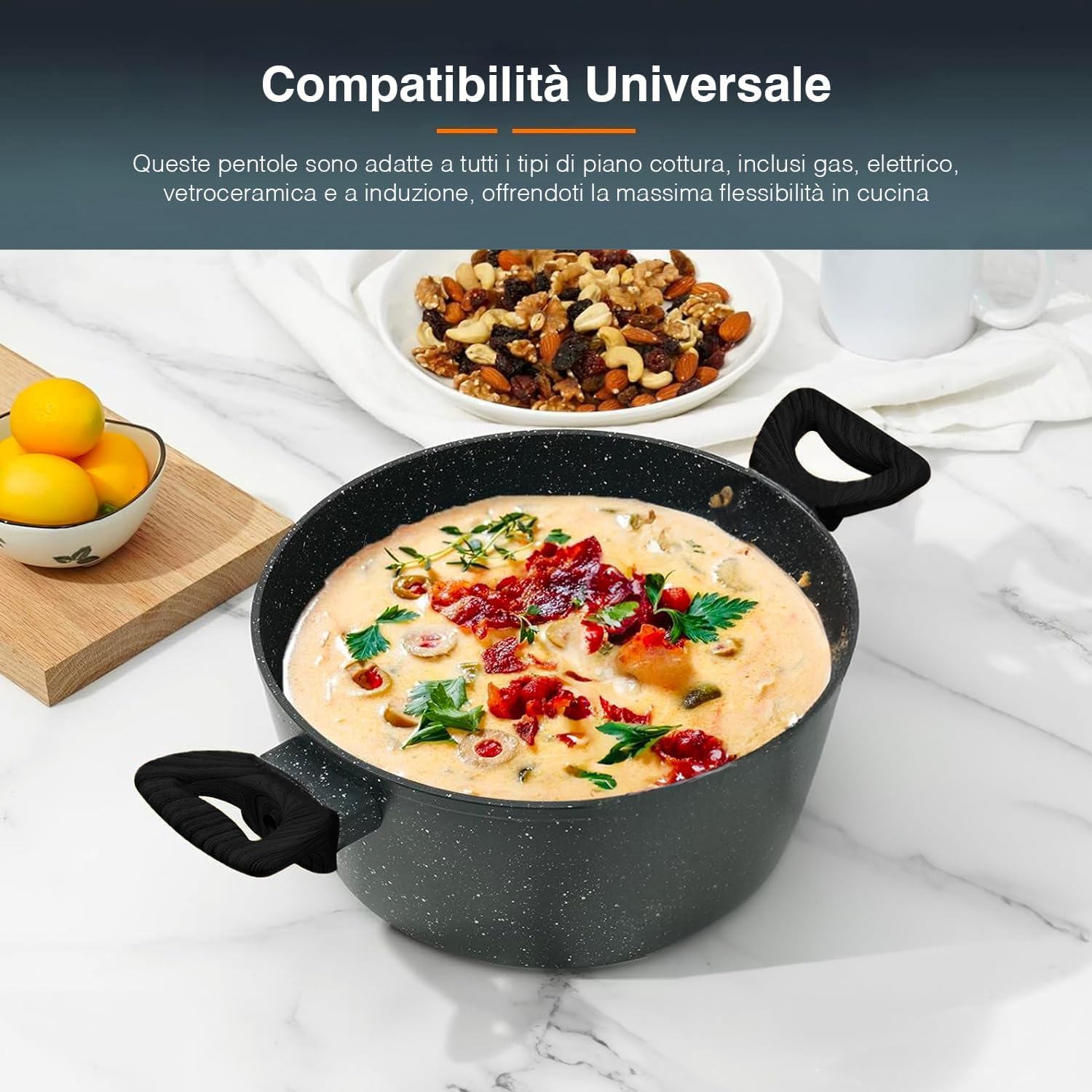 Avilia Set 18 Pezzi di Pentole Antiaderenti in Alluminio Forgiato con Rivestimenti in Ruvido Marmo - Adatti ad Ogni Piano Cottura, incluso Induzione - Batteria di Pentole 18pz con Manici in Bachelite