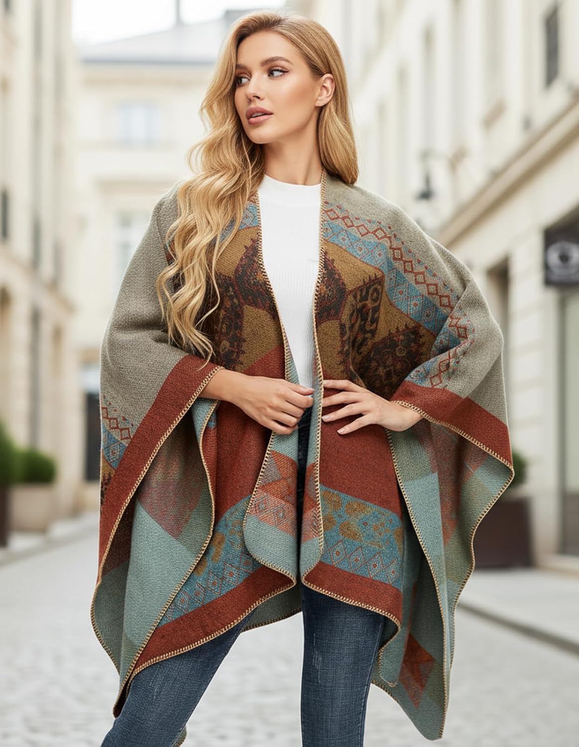 Women's Shawl Wraps Open Front Poncho Cape Oversized Sweaters Casual Cardigan Shawls for Fall Winter - Image 5