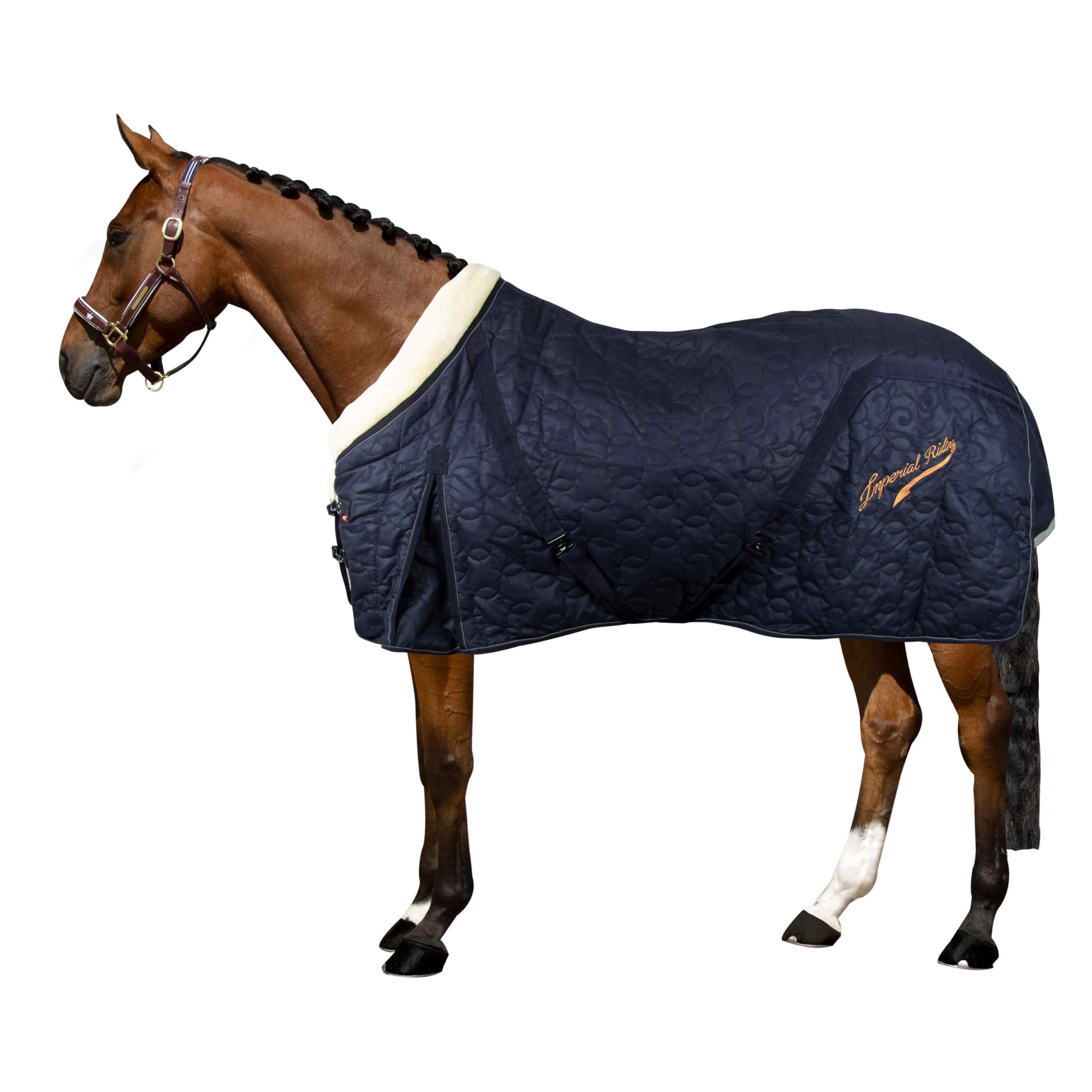 Imperial Riding Stalldecke IRH Super-Dry 200 g, warme Pferde-Stalldecke mit Kunstfellkragen, Super-Dry-Material, Kreuzgurten, Schweifkordel und Gehfalte, Navy, 85