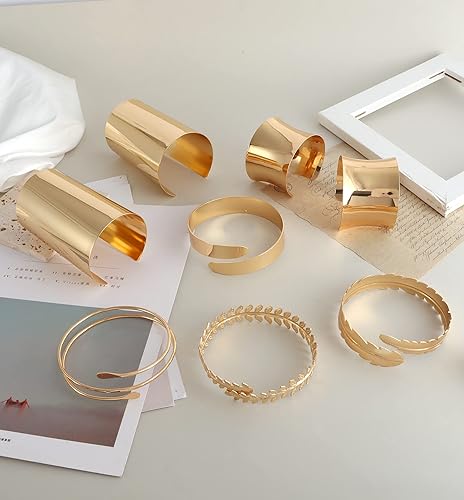 Miniatura 3 de MOZAKA Juego de 8 pulseras de puño ancho para mujer, juego de pulseras de alambre acanalado de hilo fino abierto para la parte superior del brazo,