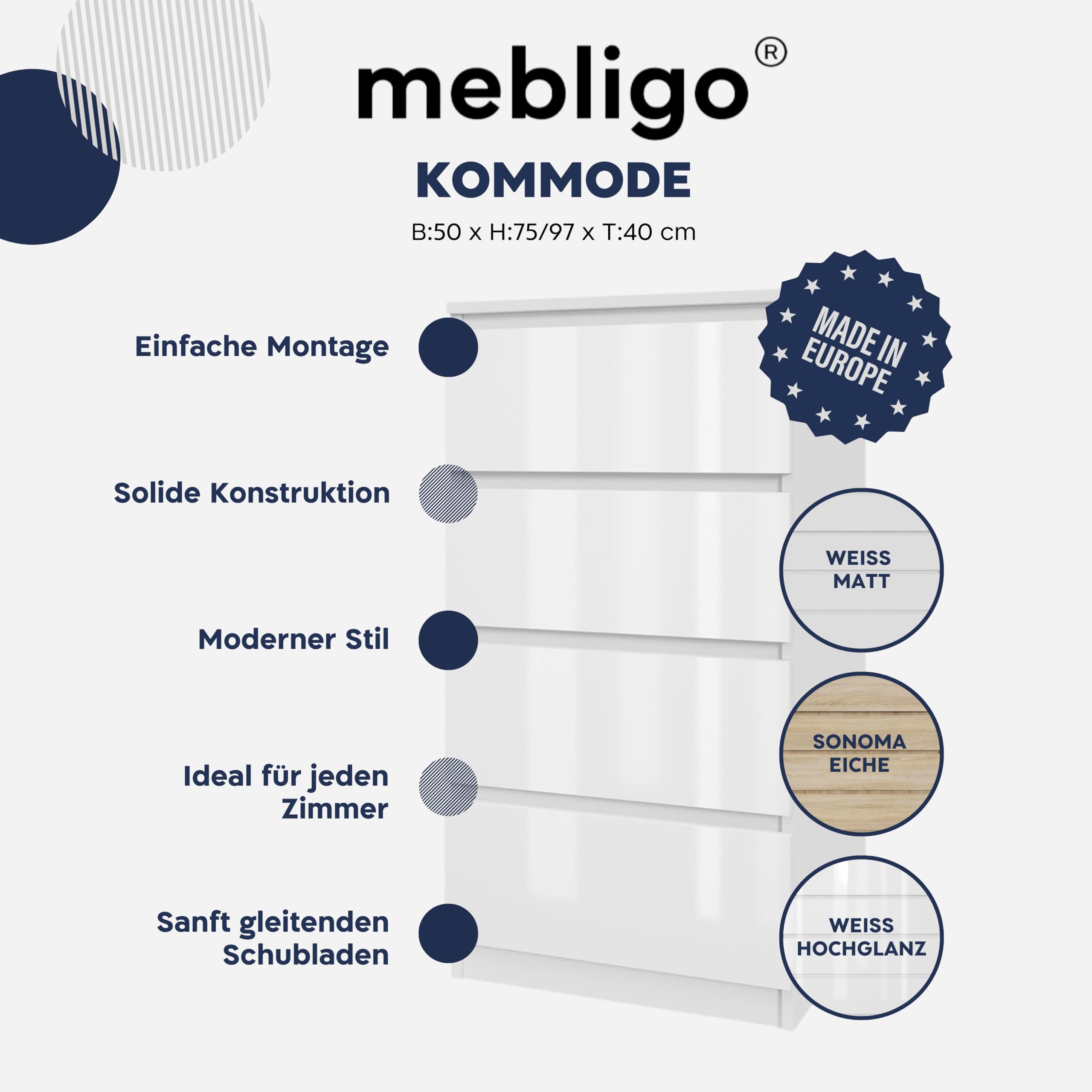 Mebligo - Kommode mit 3 Schubladen 50 cm Breit, Komodenschrank für Schlafzimmer, Wohnzimmer, Kinderzimmer, Jugendzimmer und Büro (B:50 x H:75 x T:40 cm) - Weiß Hochglanz