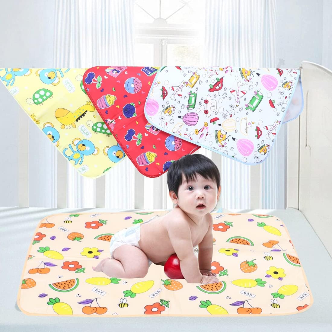4NEwBiES Soft Cotton Baby Waterproof & Breathable Nappy/Diaper Changing Mat - Newborn Quilted Changing mat- Waterproof & Breathable Pack of 3 Multicolors-image-2