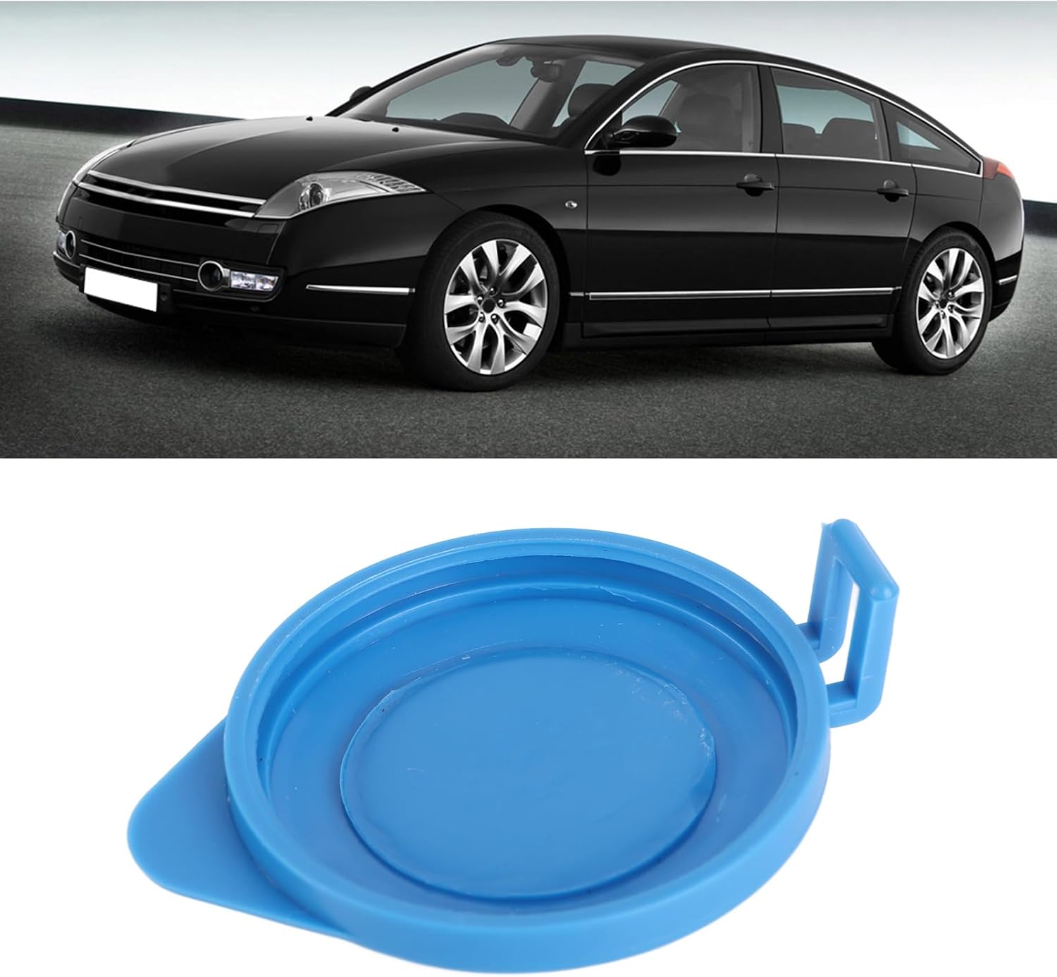 Image showing the Denash Washer Bottle Cap alongside a black car, indicating compatibility.
