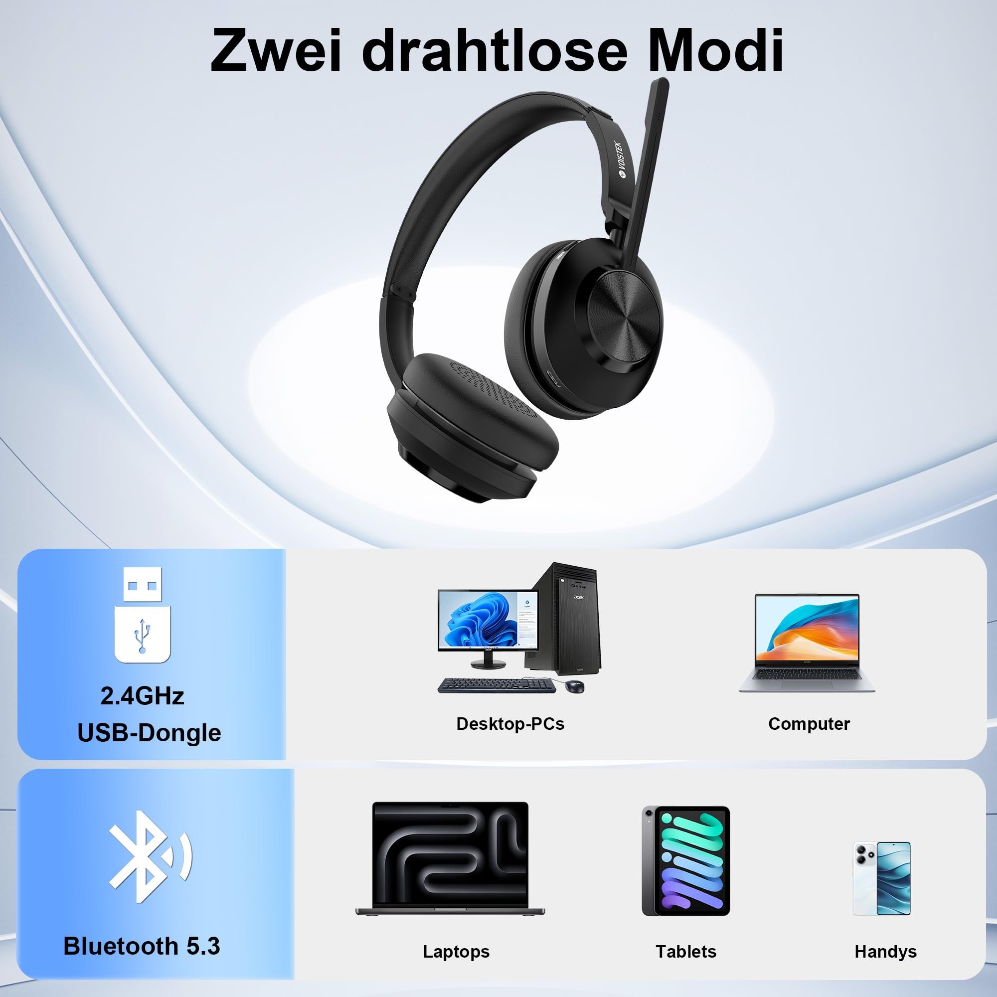 Voistek Kabelloses Headset, Bluetooth-Headset mit Mikrofon und Rauschunterdrückung,USB-Dongle für PC, Mikrofon-Stummschaltung & Ladestation für Computer/Handy/Meeting/Call Center/Büro