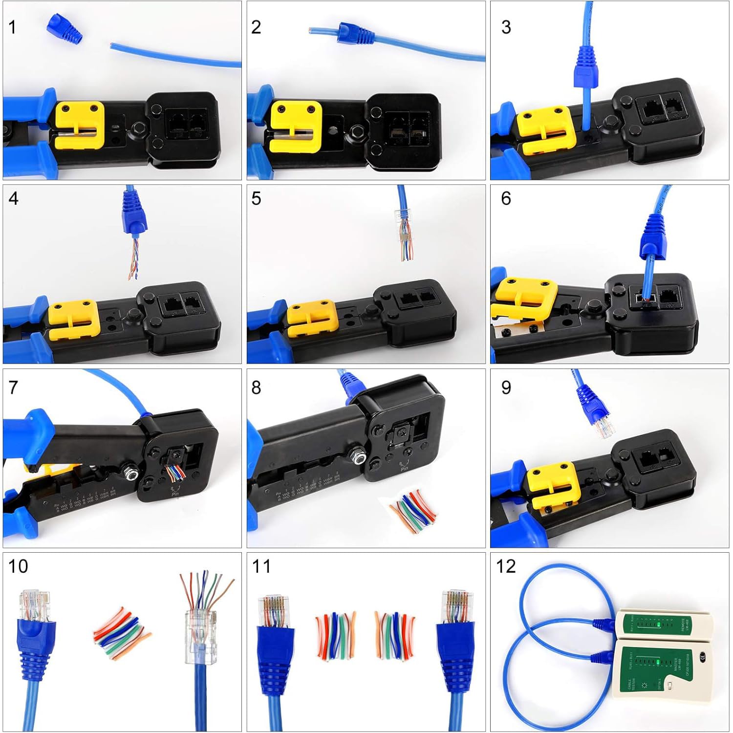 Kit de herramientas de crimpado Ethernet RJ45, Cat5, Cat5e y Cat6 con 50 conectores y cubiertas