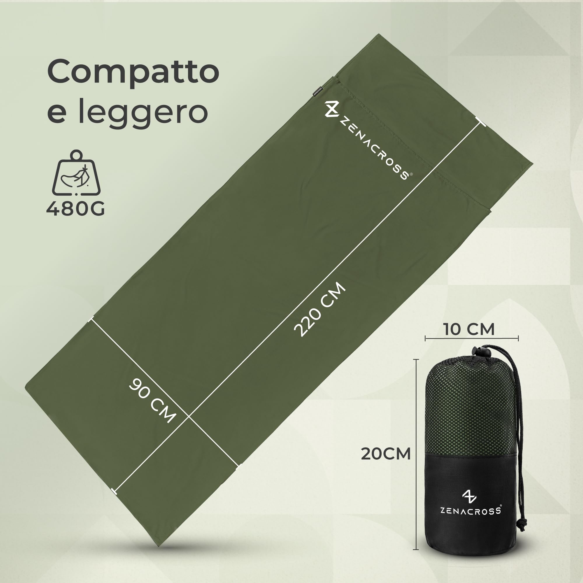 Zenacross - Sacco Lenzuolo da Viaggio - Sacco Letto Singolo Ultraleggero e Compatto - 100% Cotone - Saccoletto con Scomparto per Cuscino - Sacco Lenzuolo Cotone Singolo