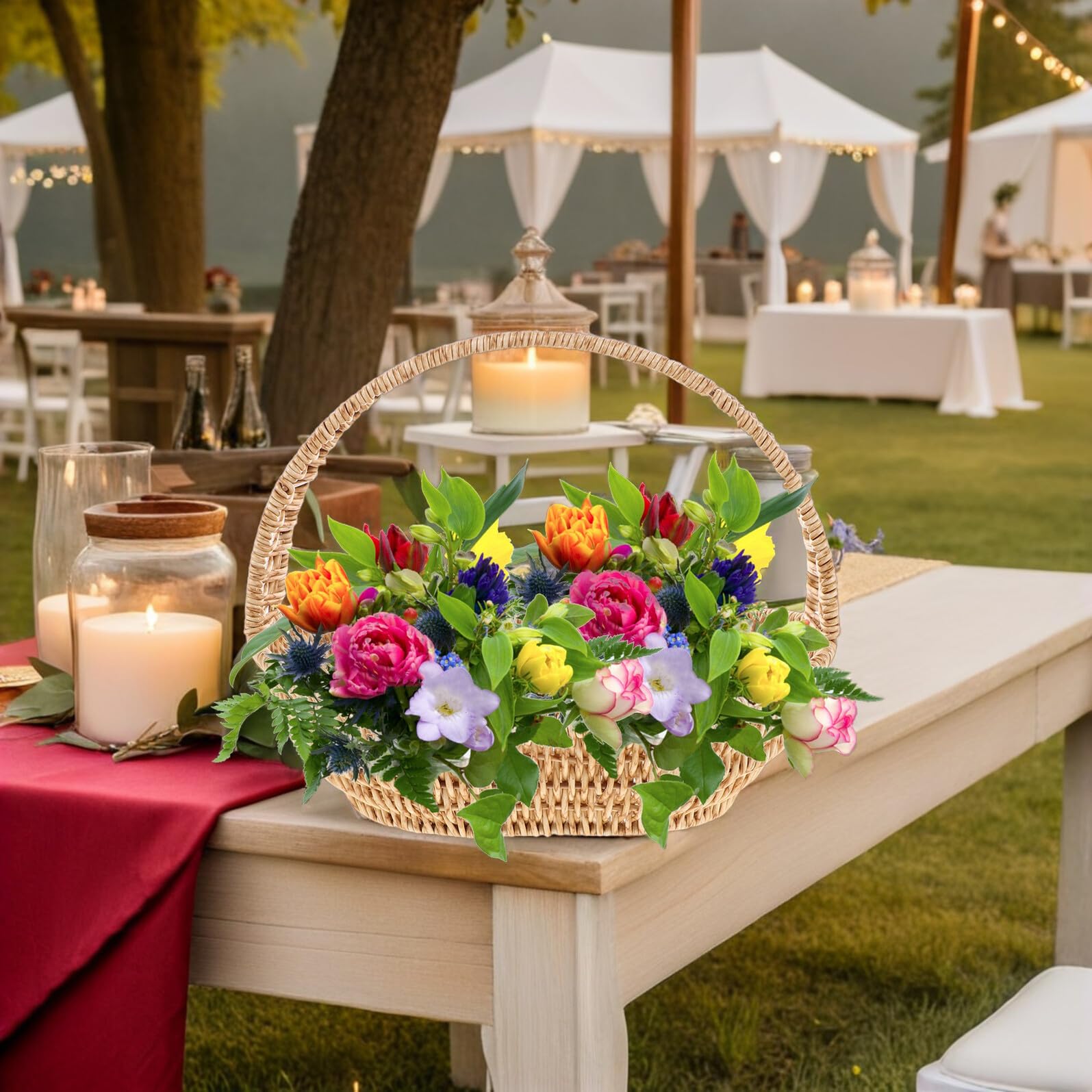 Cesto di Fiori in Imitazione Rattan con Manico, Plastico | Ferro, per Greenery e Fiori, Living Rooms e Wedding Party Favor, Stile Rustico Raffinato Farmhouse
